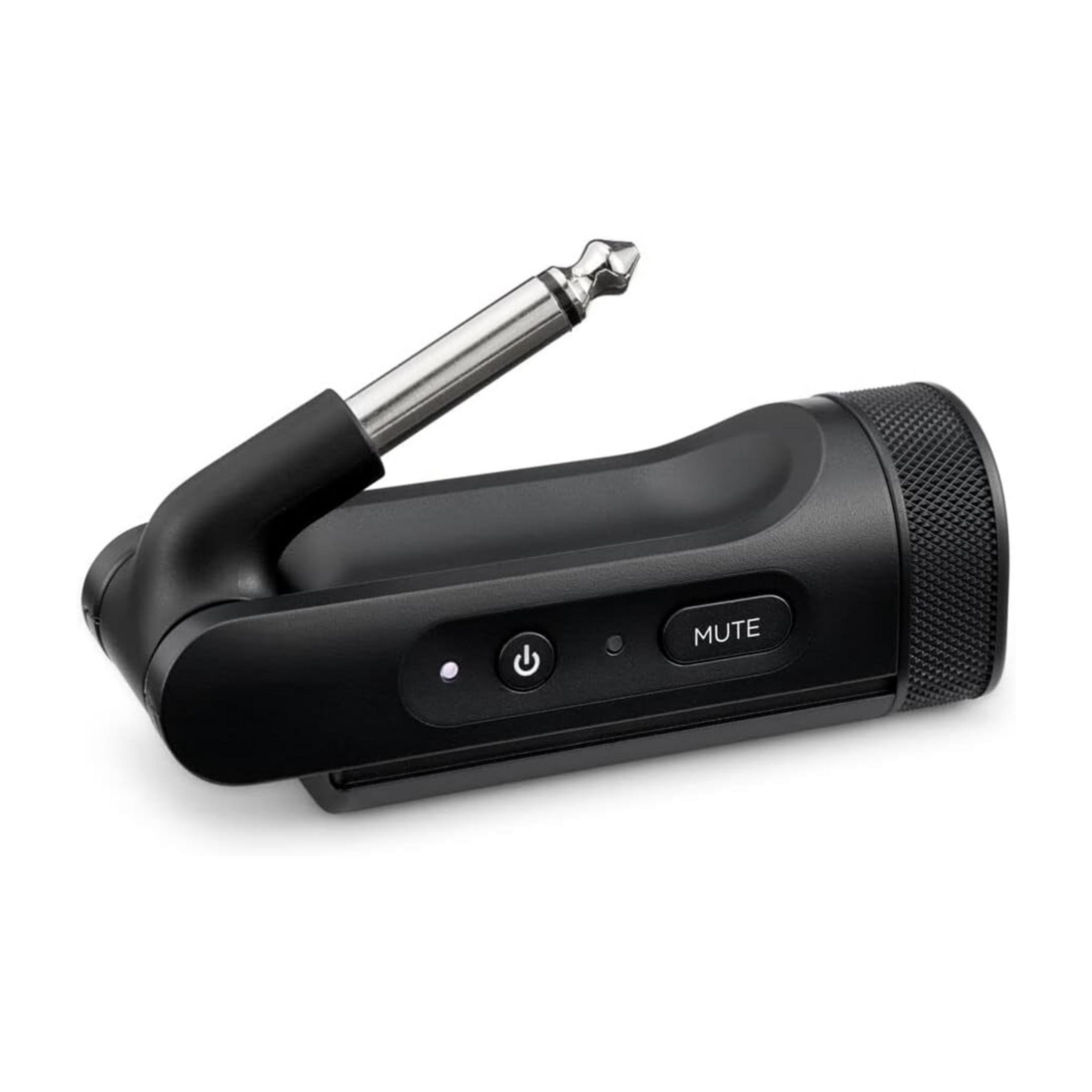 Trasmettitore chitarra wireless nero con jack, pulsanti accensione e mute.