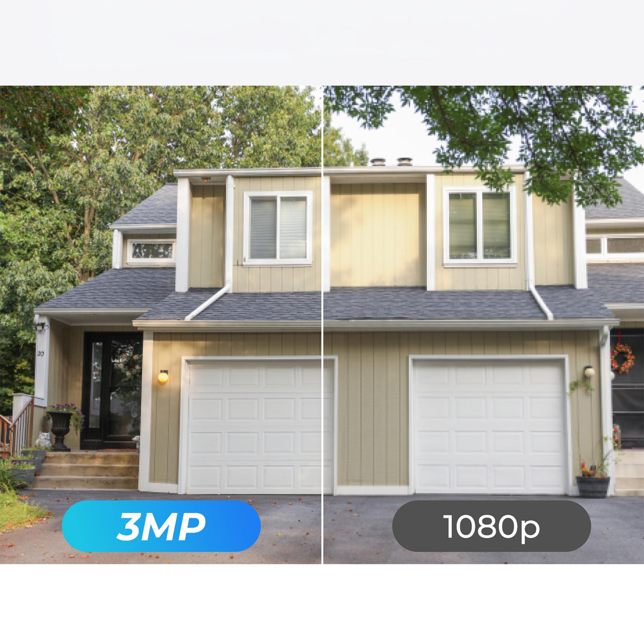 Elewacja domu z garażami, porównanie rozdzielczości 3MP i 1080p.