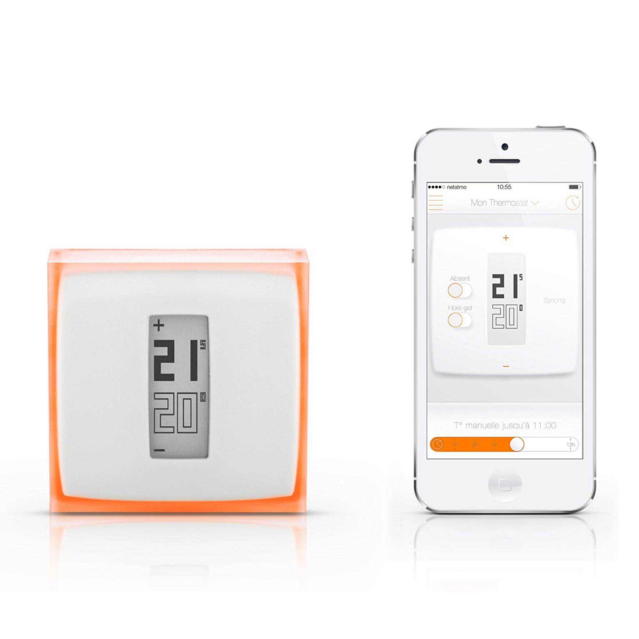 Biały termostat z pomarańczową ramką i obok iPhone.