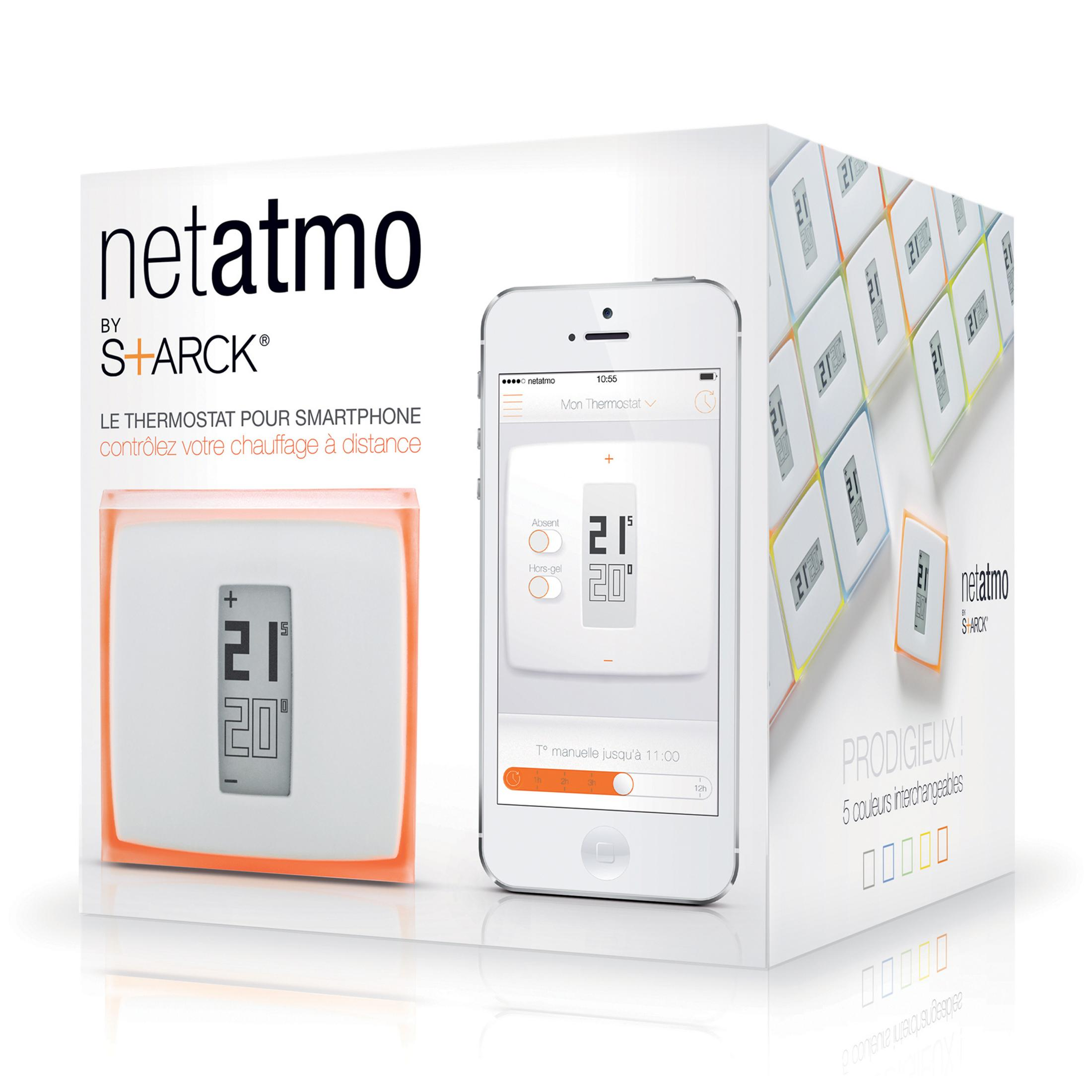 Termostat i smartfon z aplikacją Netatmo. W tle wiele termostatów.