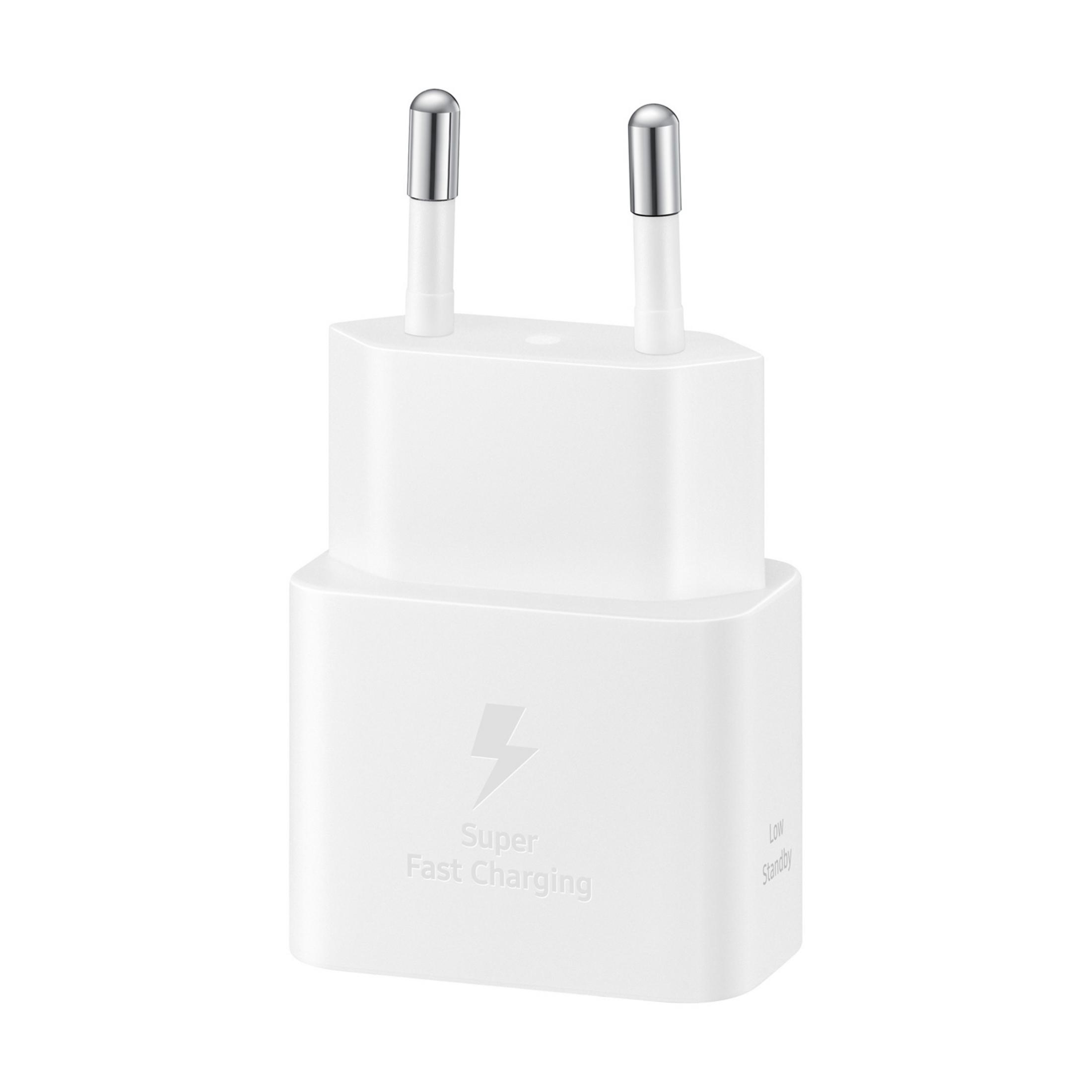 Un adattatore di corrente bianco con due pin metallici e testo "Super Fast Charging".