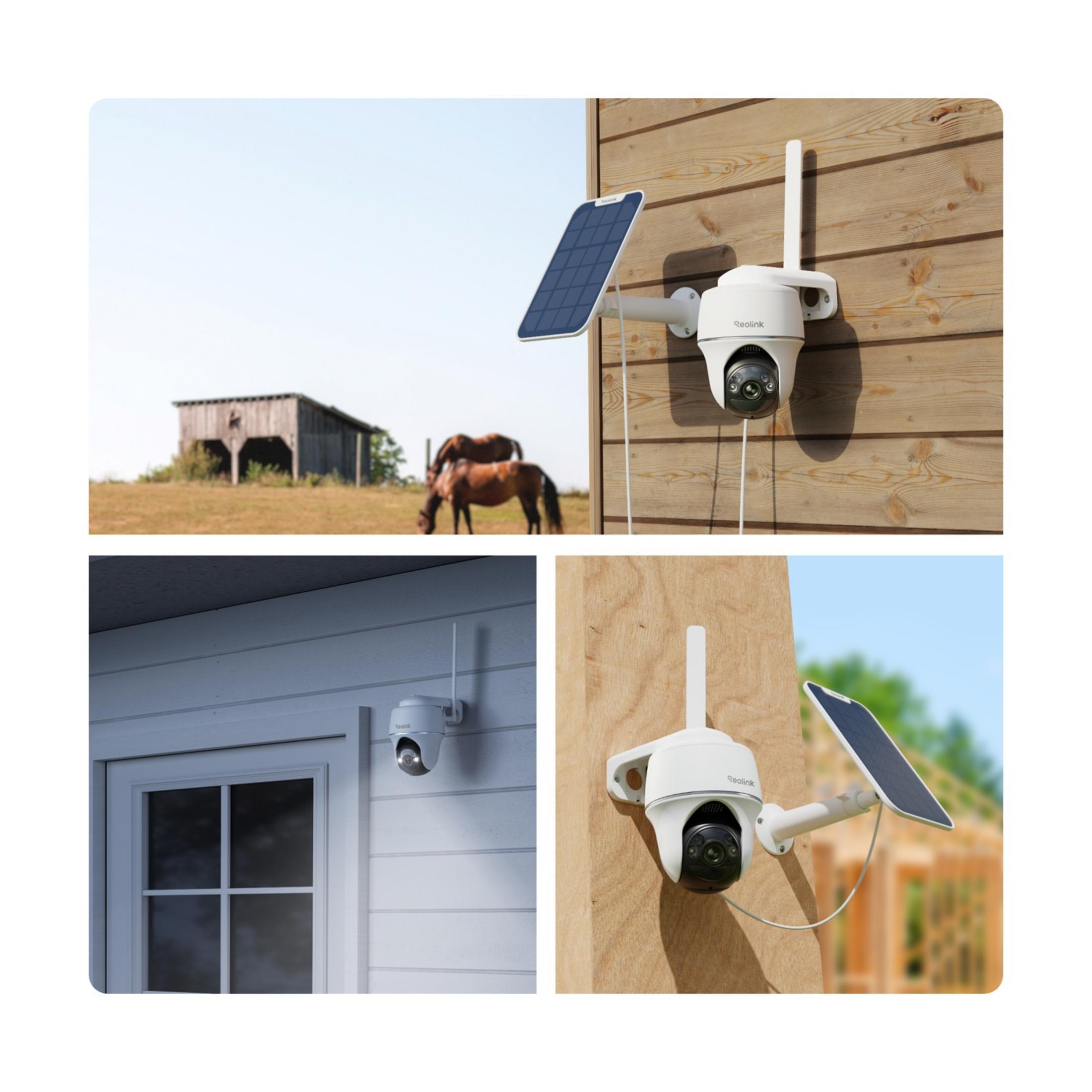Trois caméras de sécurité avec panneaux solaires sur murs en bois et une maison.