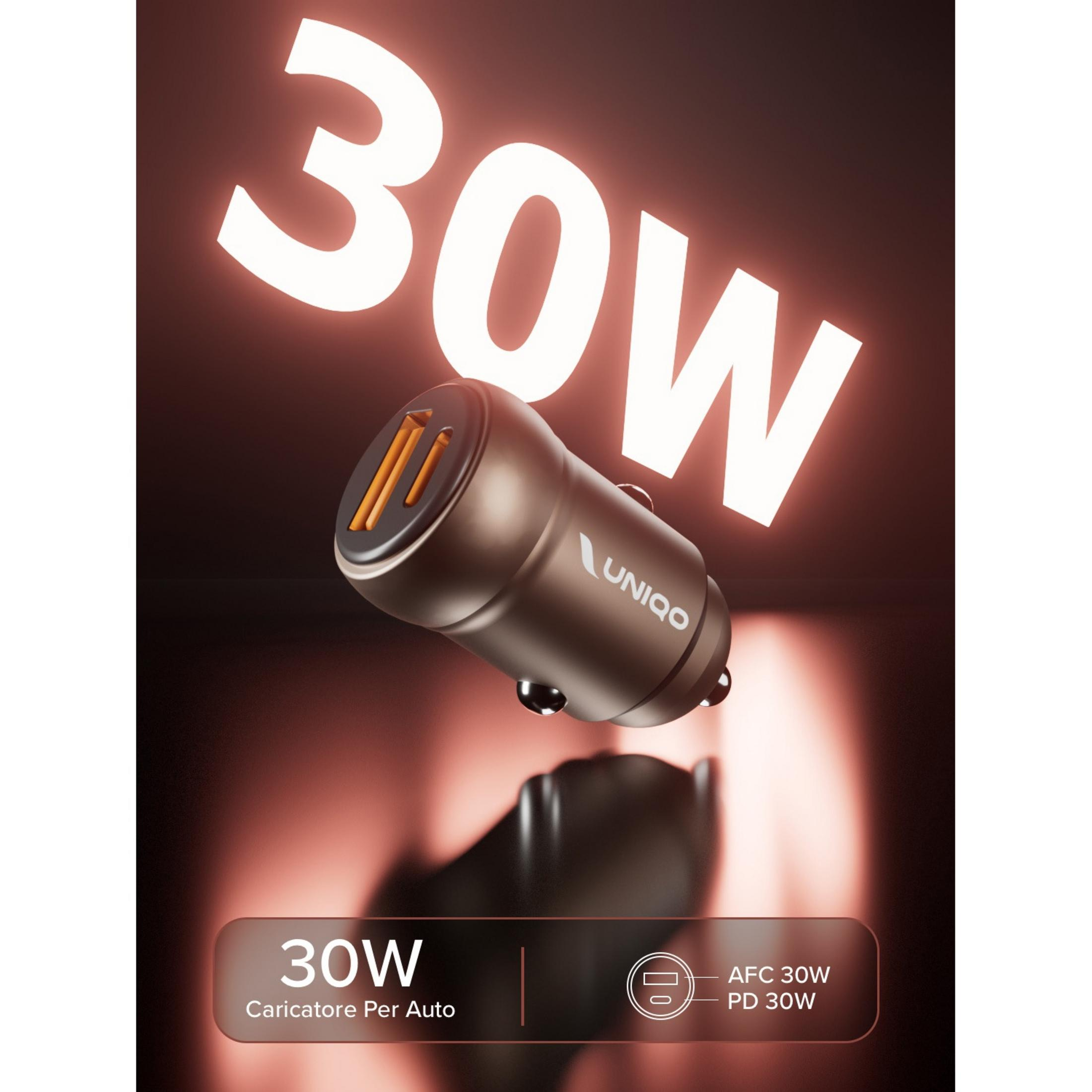 Se muestra un cargador de coche bronce de 30W.