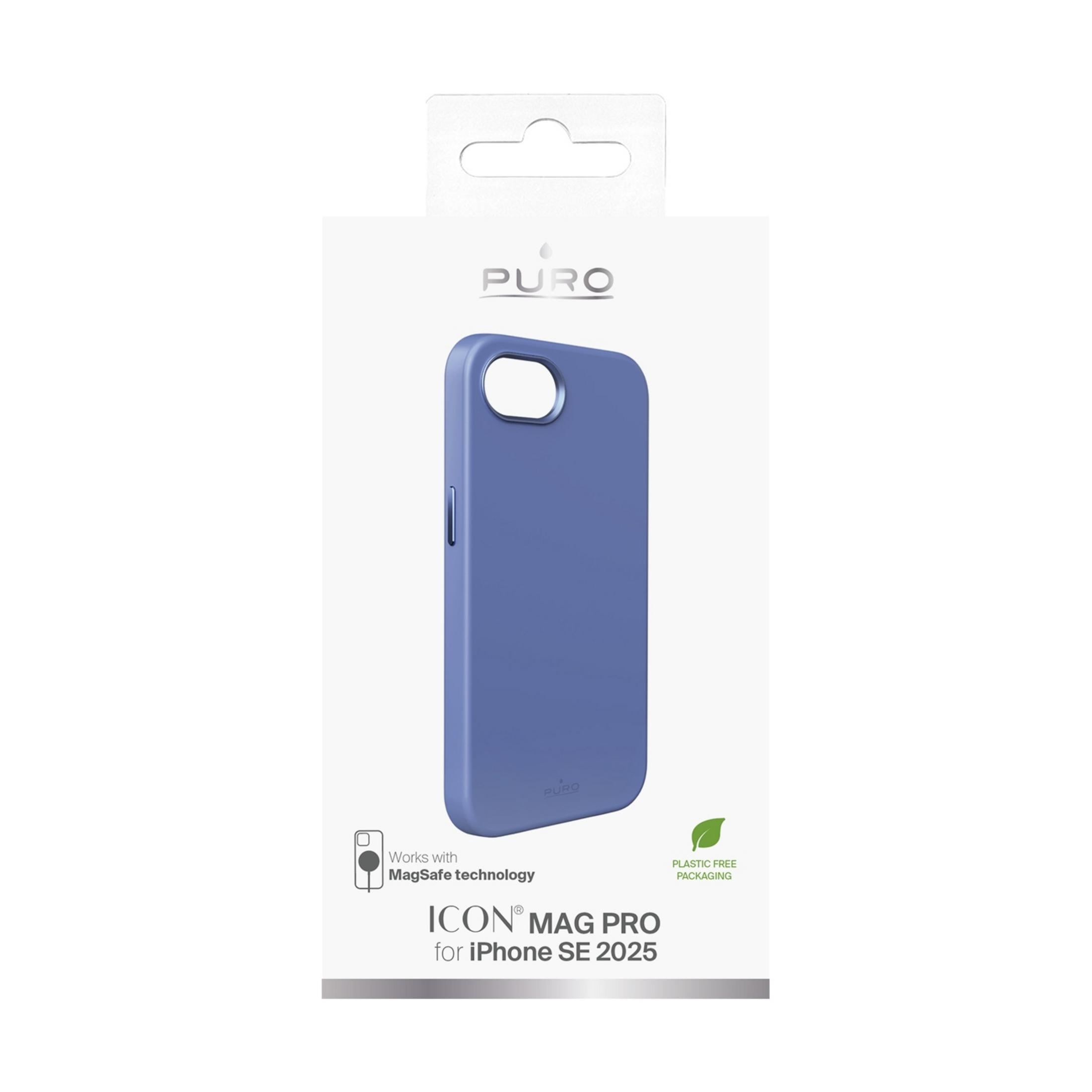 Blaue Hülle für iPhone SE 2025, MagSafe-kompatibel, plastikfreie Verpackung.
