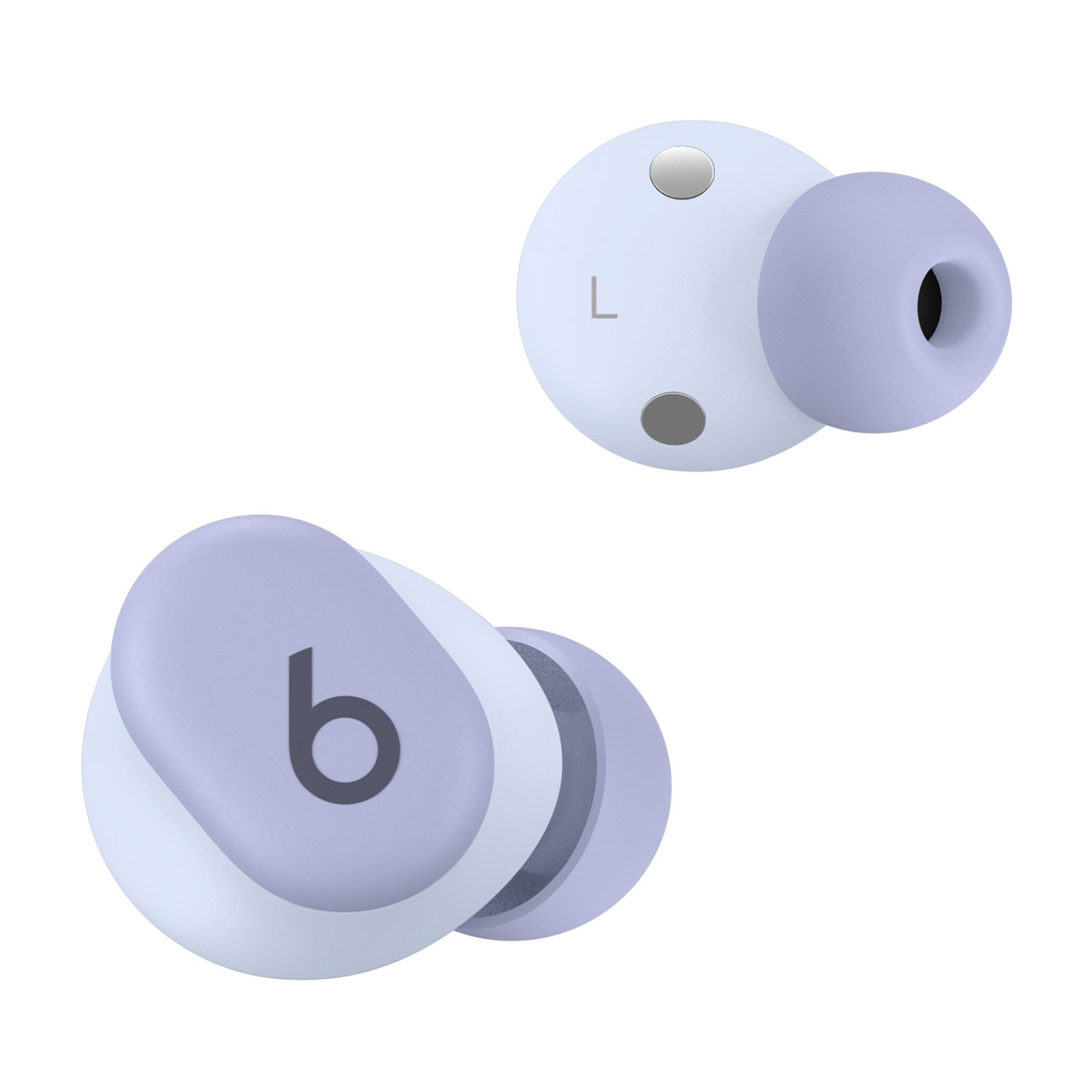 Dwa fioletowe słuchawki Beats na białym tle. Jeden z symbolem „b”.