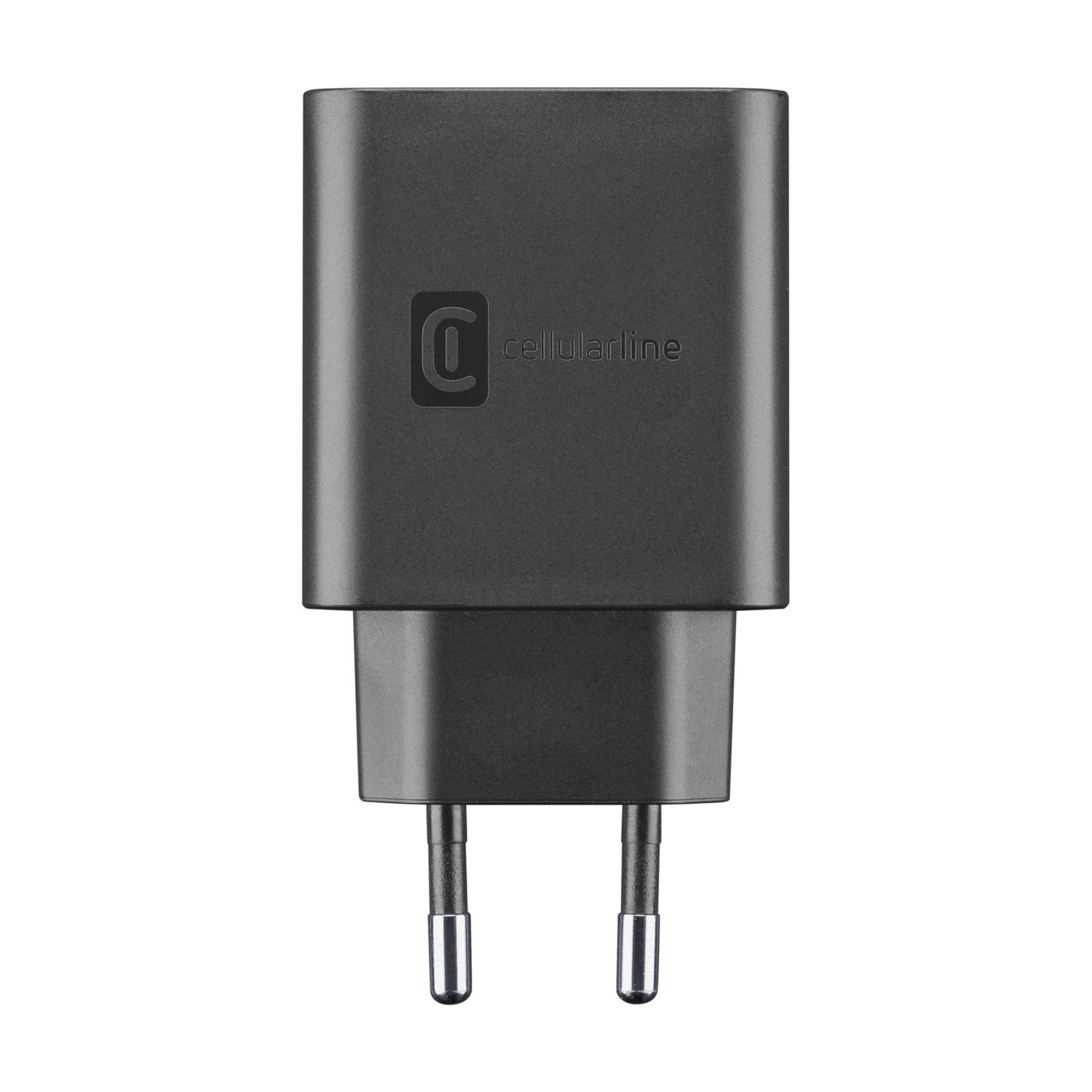 Enchufe cargador USB negro con dos clavijas metálicas y el logo de Cellularline.