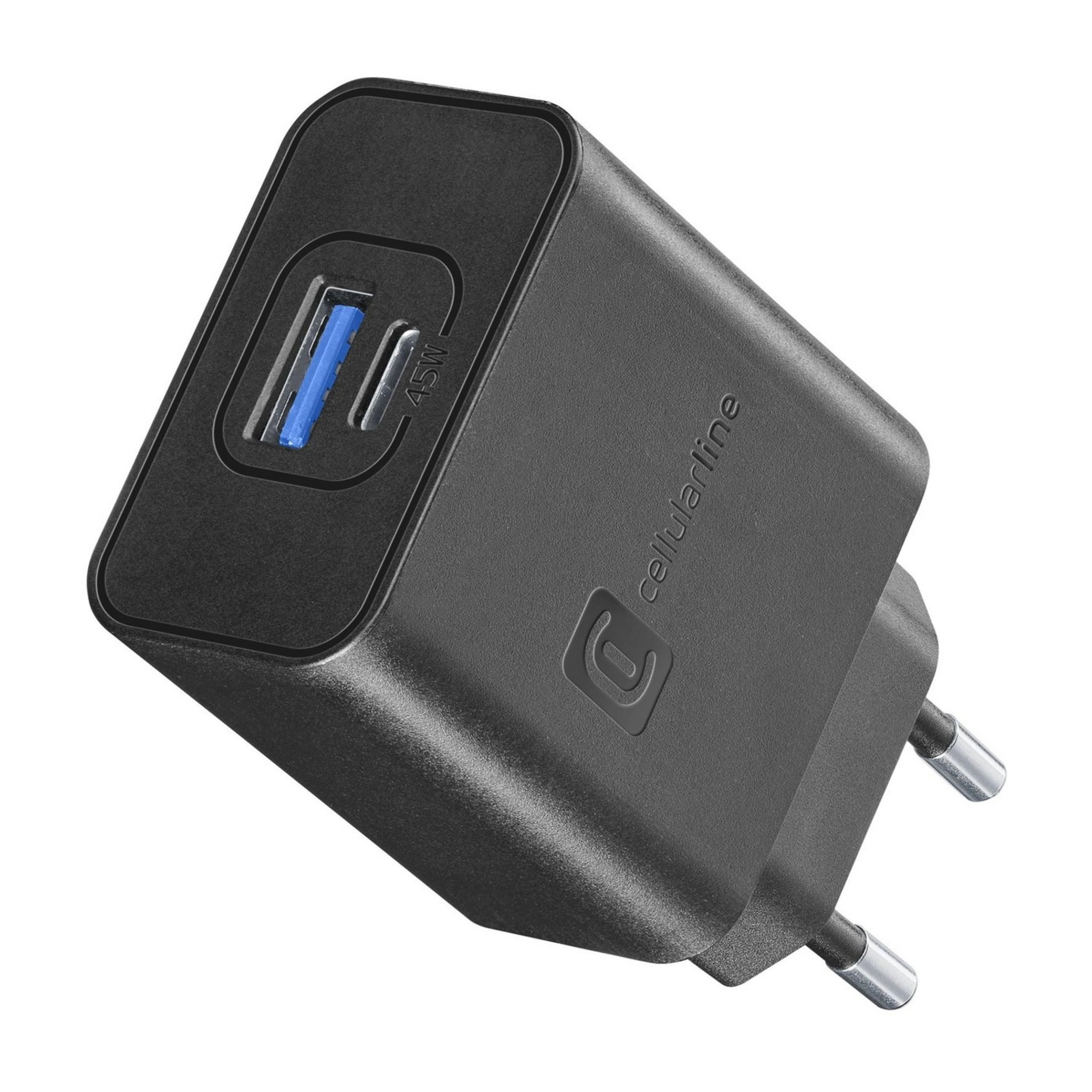 Adaptador de corriente negro con puerto USB y marca de 45W.