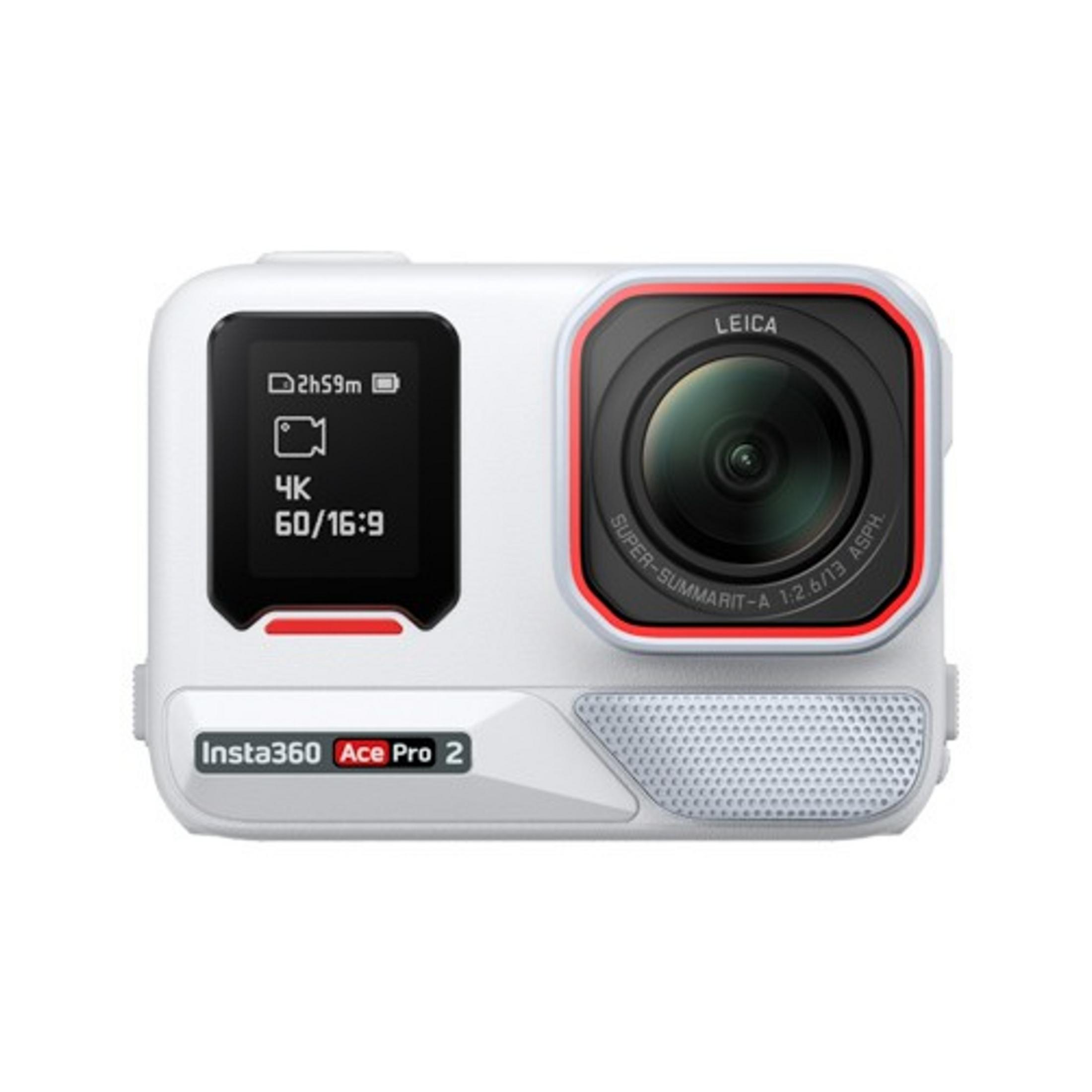 Weiße Insta360 Ace Pro 2 Action-Kamera mit Leica-Objektiv und Bildschirm.