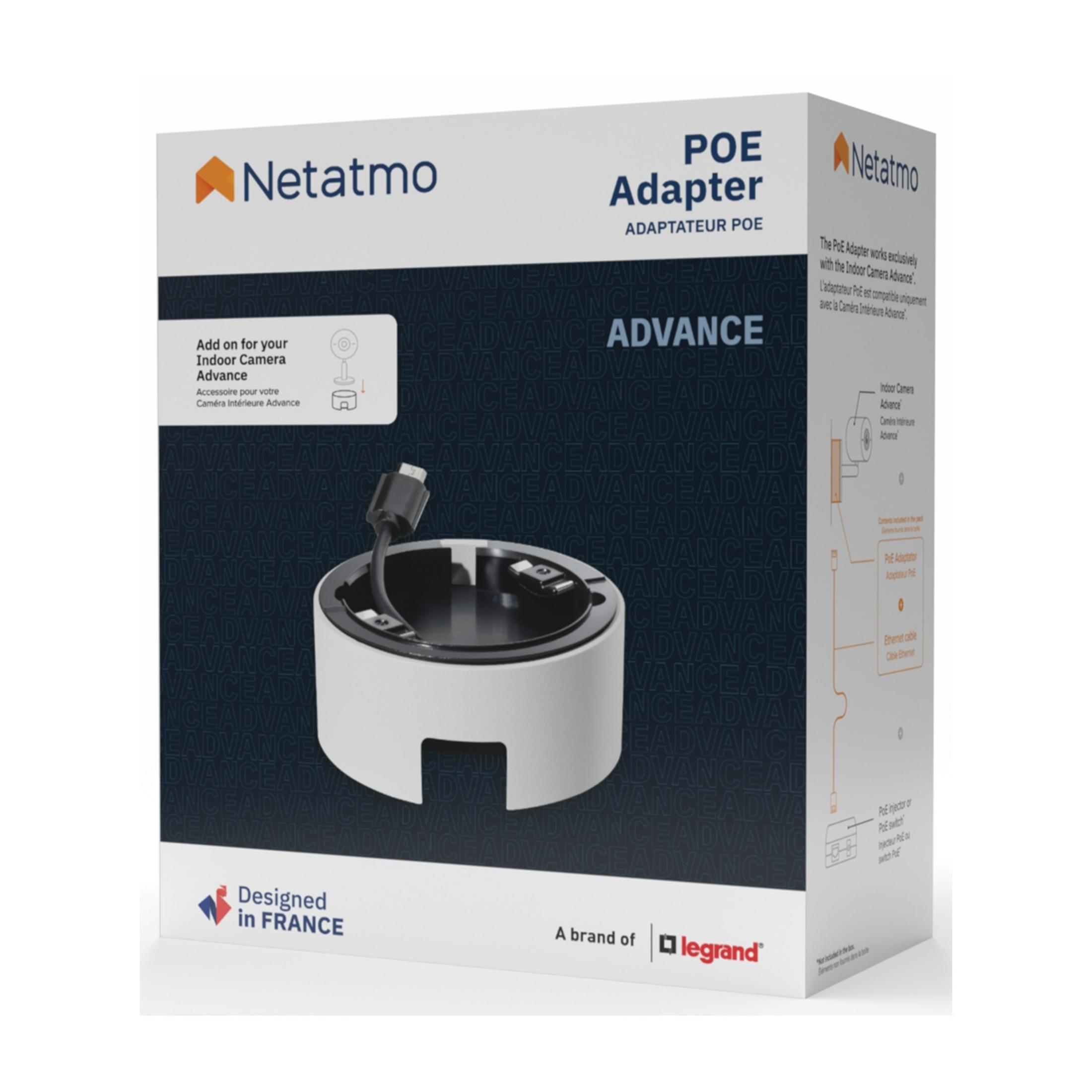 Confezione adattatore PoE Netatmo con primo piano dell'adattatore e cavo di rete.