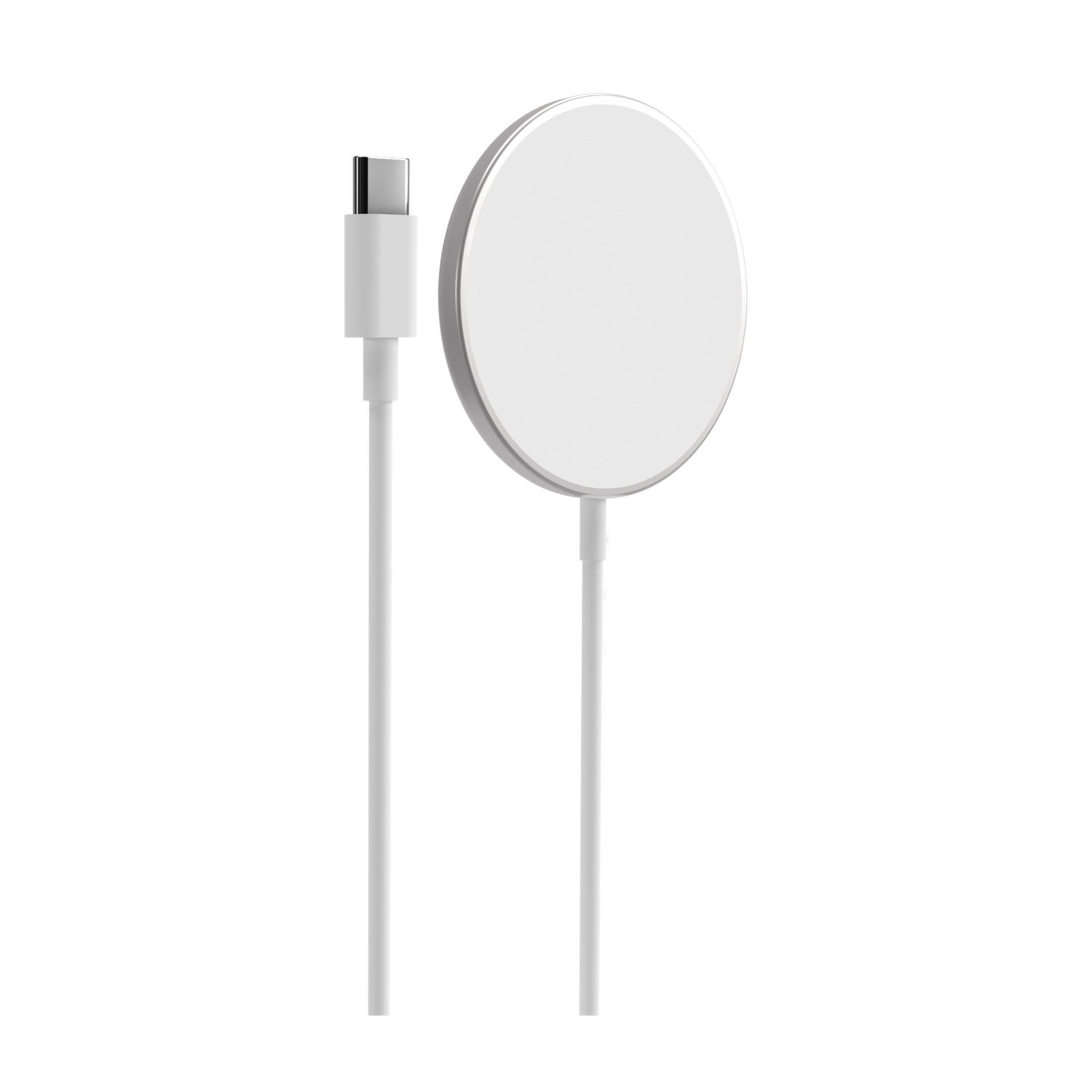 Un câble USB-C blanc connecté à un chargeur rond et blanc.