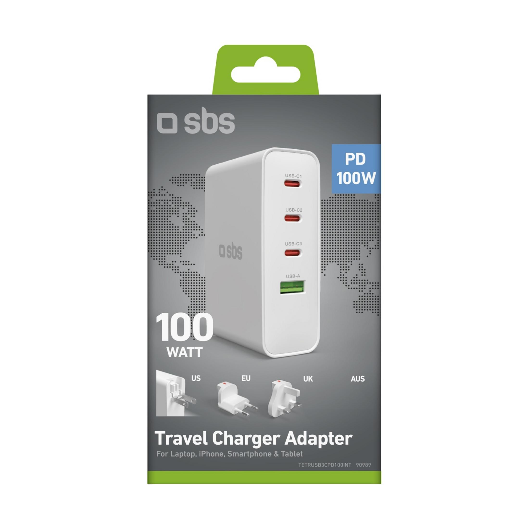 Adaptador de viaje SBS 100W PD con 3 puertos USB-C y 1 USB-A.