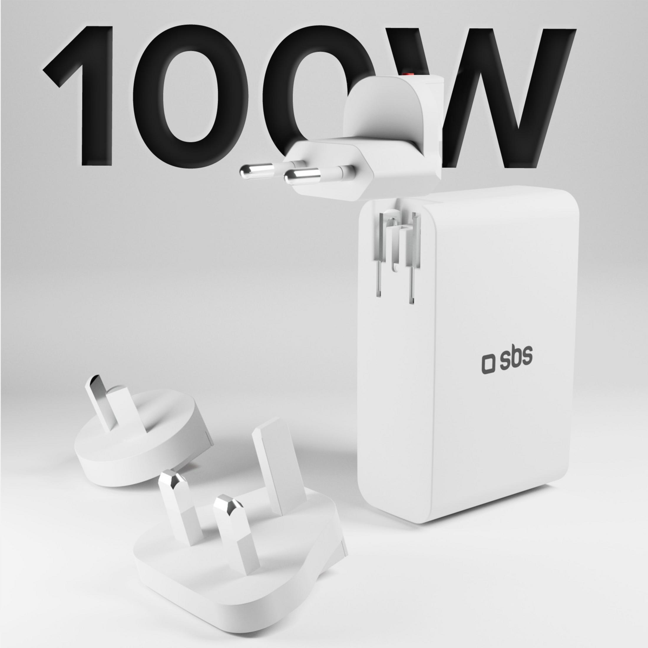 Cargador SBS de 100W con enchufes intercambiables en blanco.
