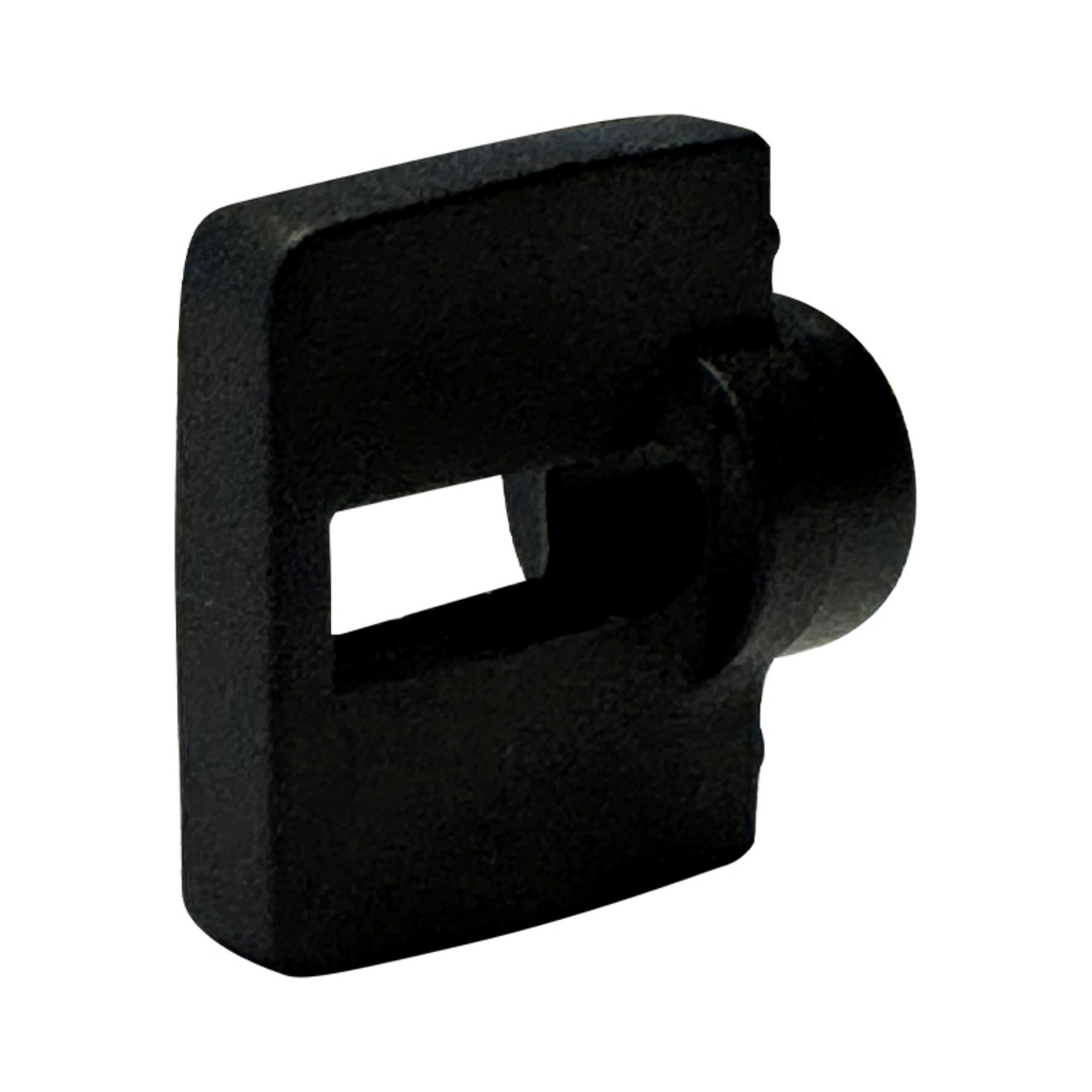 Componente nero e rettangolare con foro rettangolare e perno cilindrico.