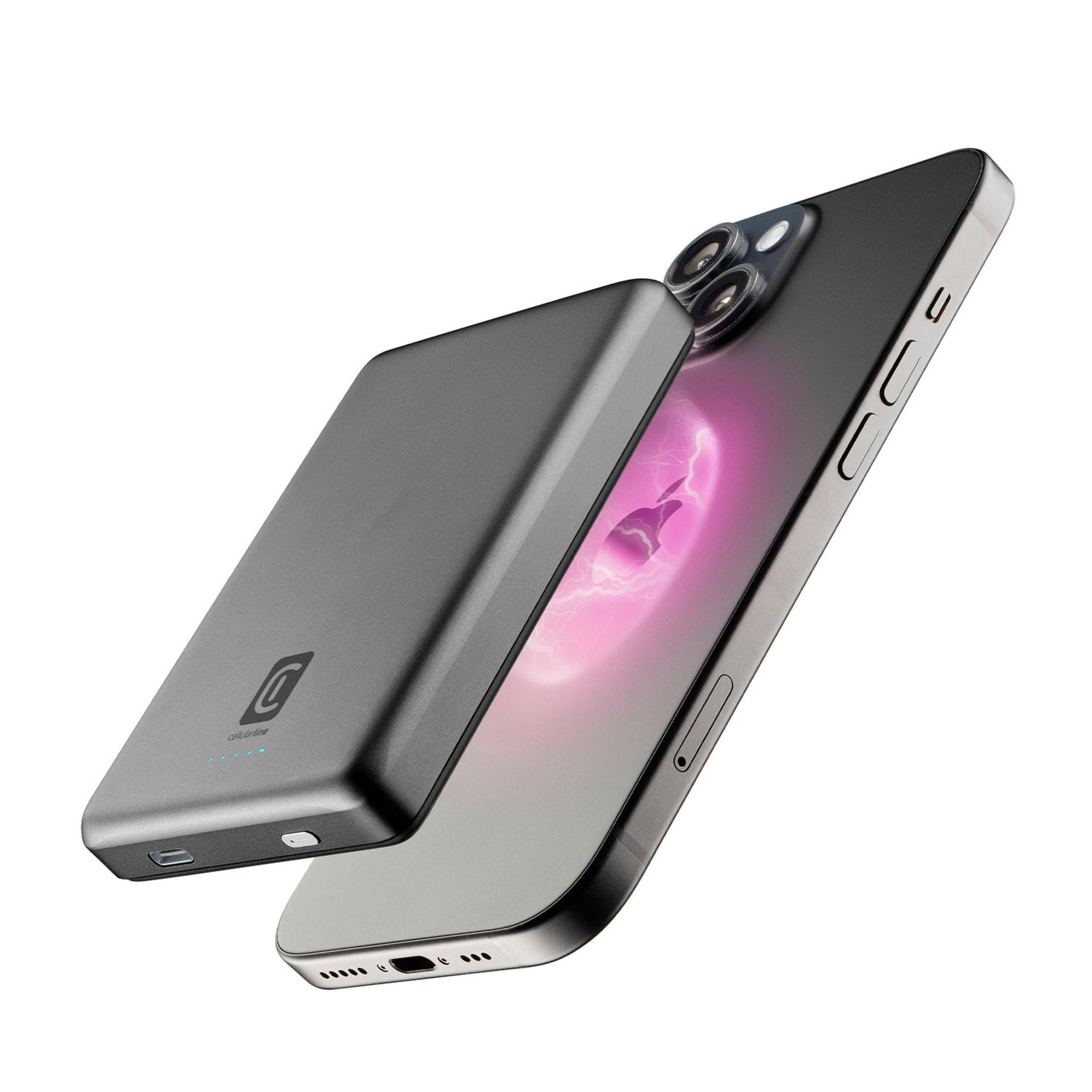 Ein graues Powerbank liegt auf einem Smartphone mit pinkem Blitz-Hintergrund.
