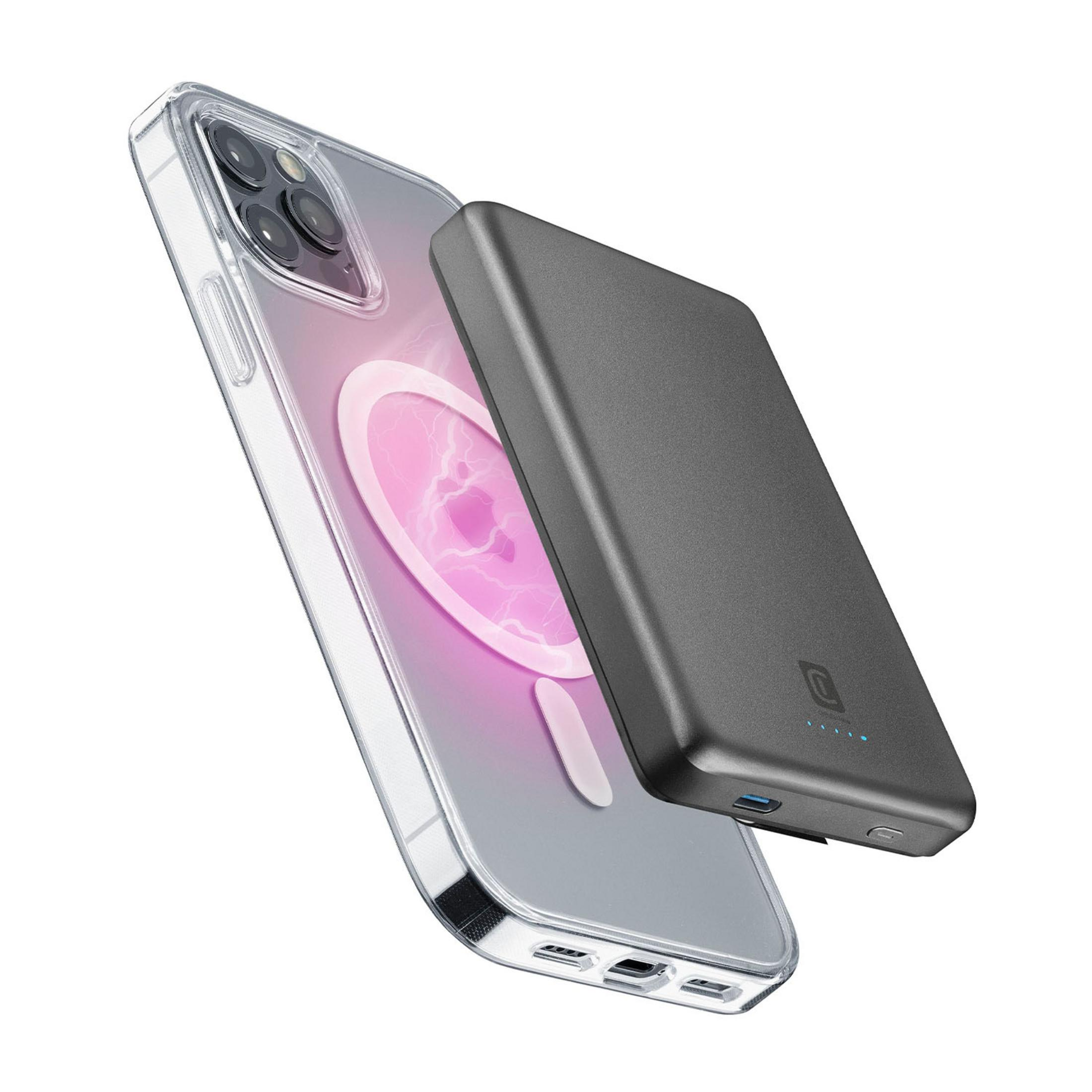 Ein dunkles Ladegerät ruht auf einem transparenten Handy mit rosa Magnetring.