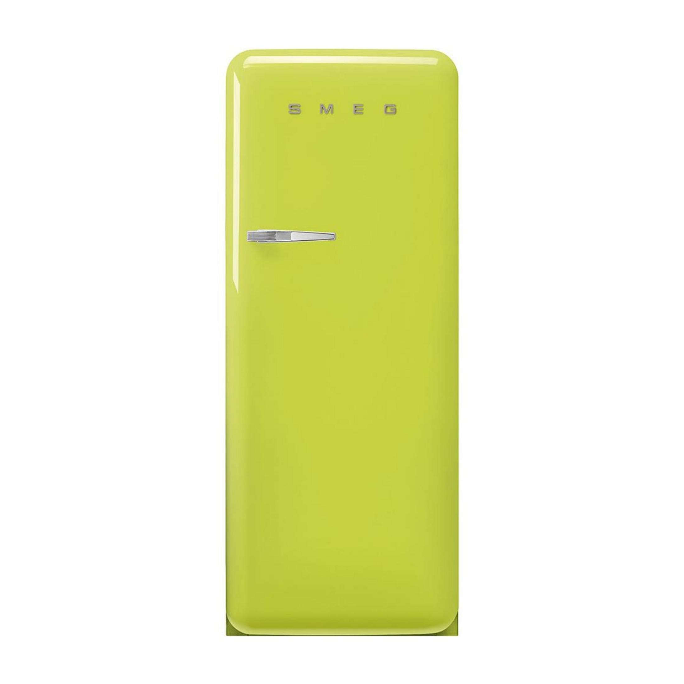 Un frigorífico SMEG verde brillante con un asa plateada.