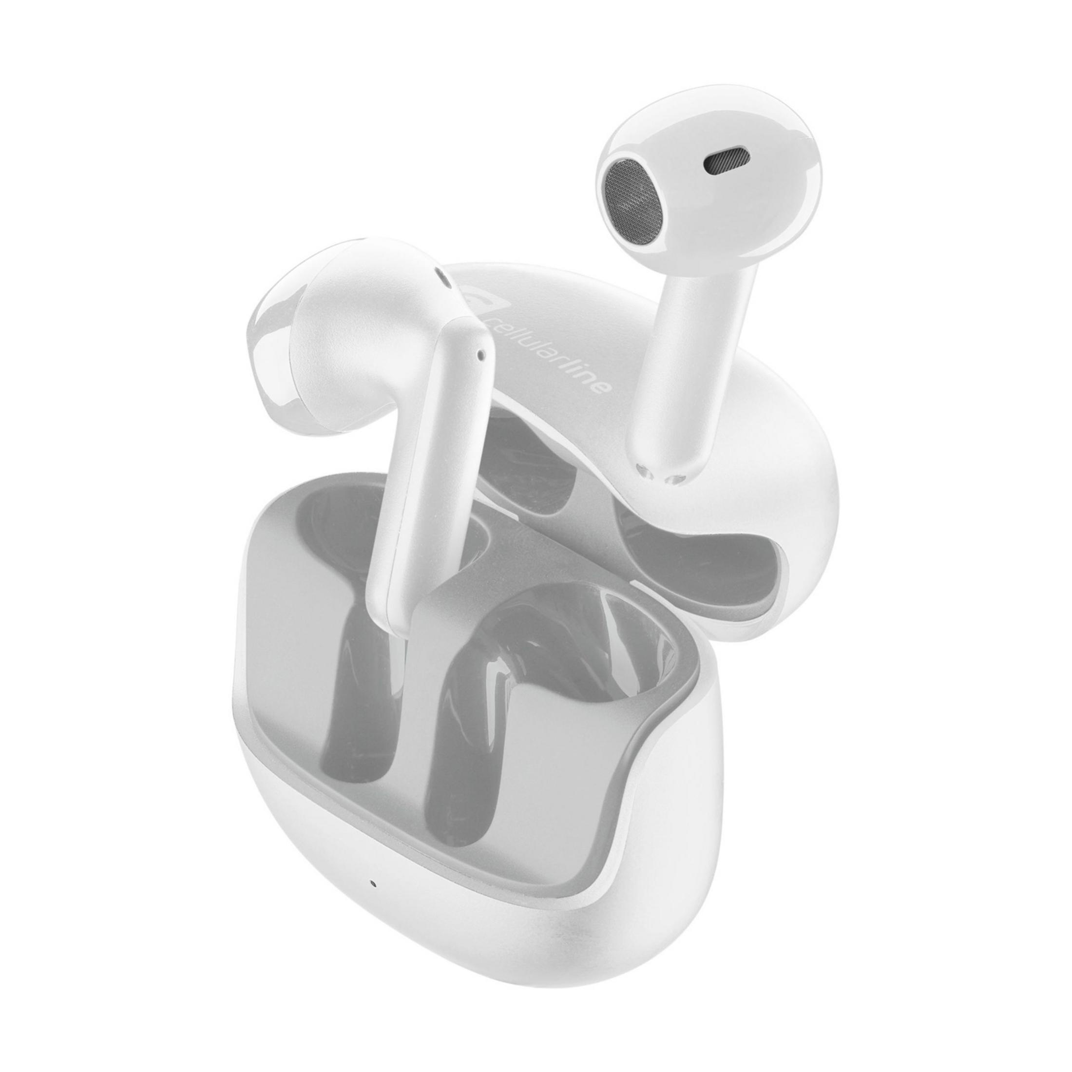 Auriculares inalámbricos blancos con estuche de carga.