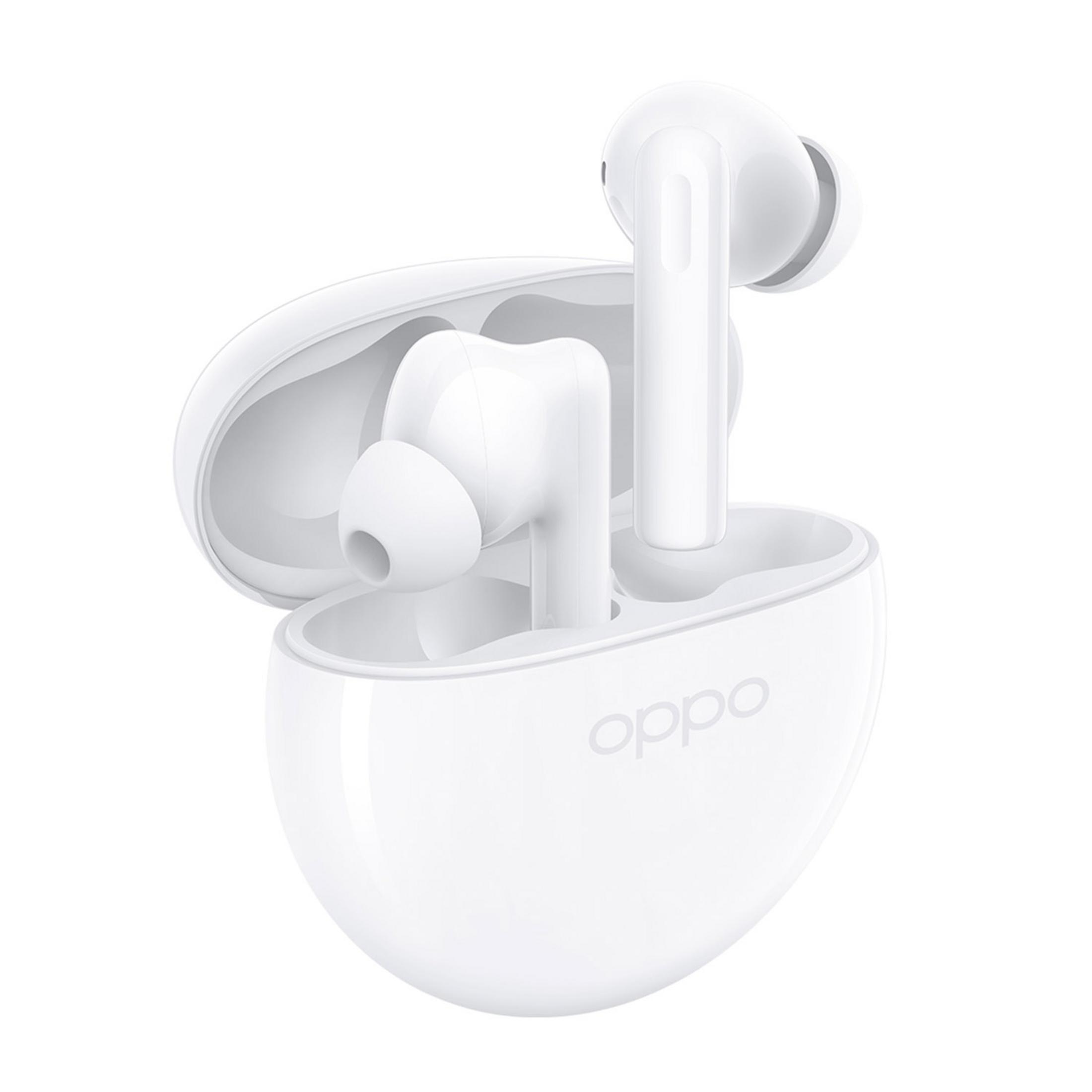 Auricolari bianchi OPPO con custodia di ricarica, un auricolare nella custodia.