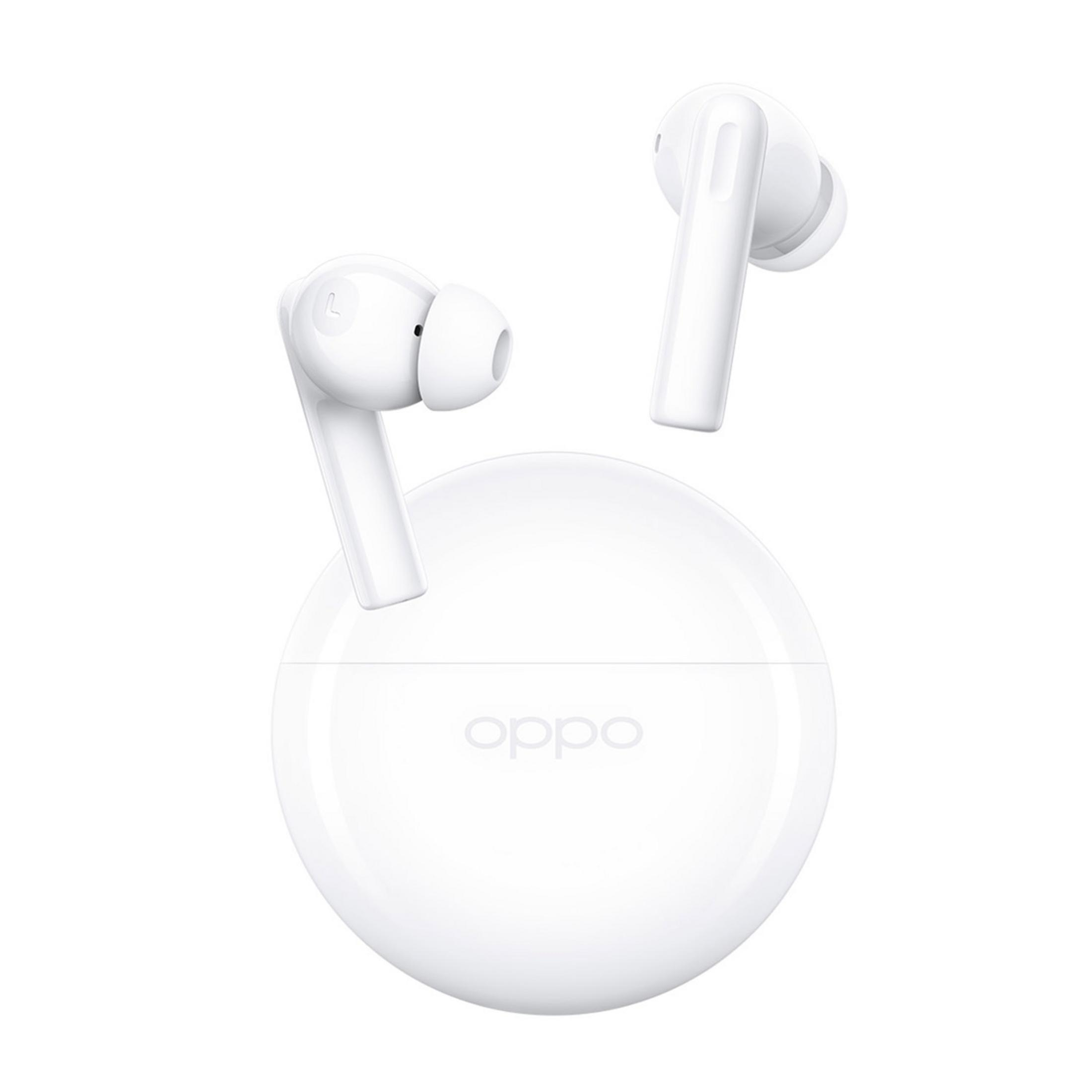 Auricolari OPPO bianchi con custodia di ricarica su sfondo bianco.