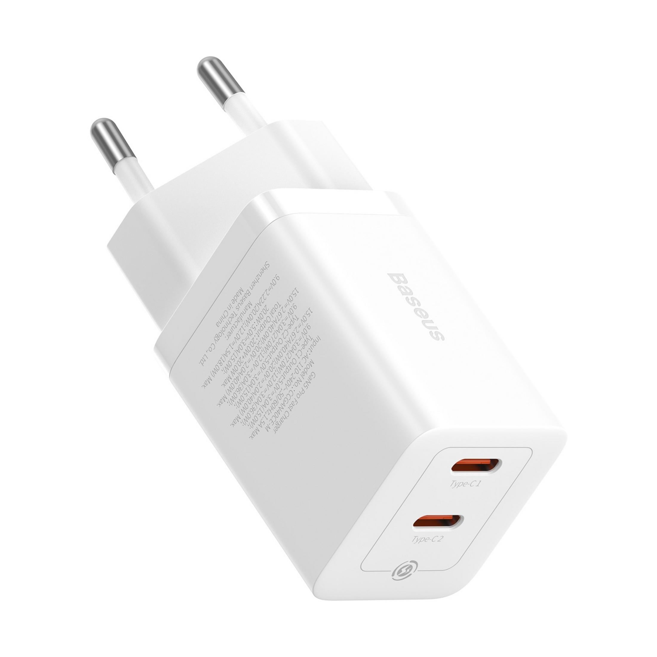 Cargador Baseus GaN 5 Pro blanco con dos puertos USB-C y enchufe UE.