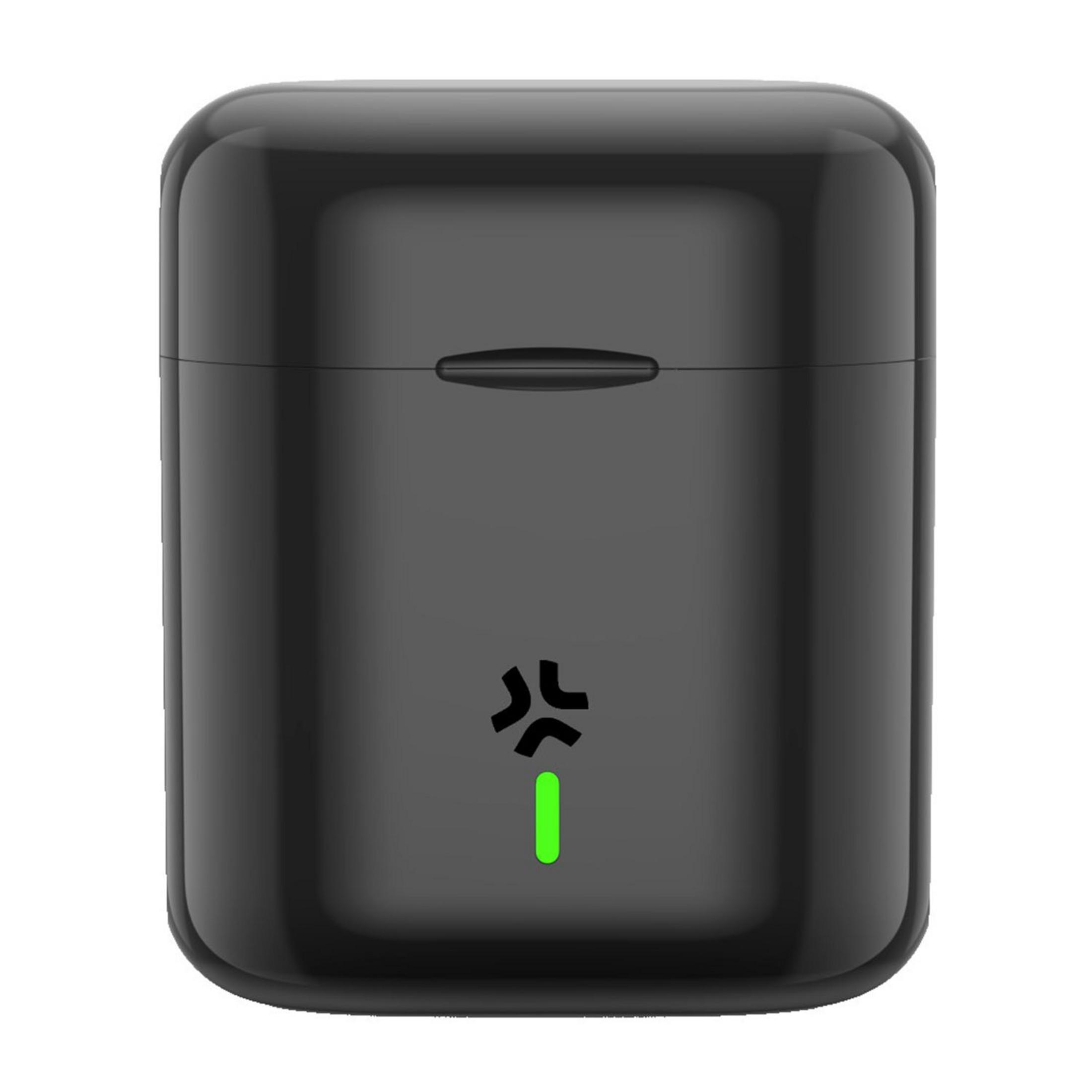 Ein schwarzes Ladeetui für Ohrhörer mit einem grünen Lichtbalken und einem Logo.