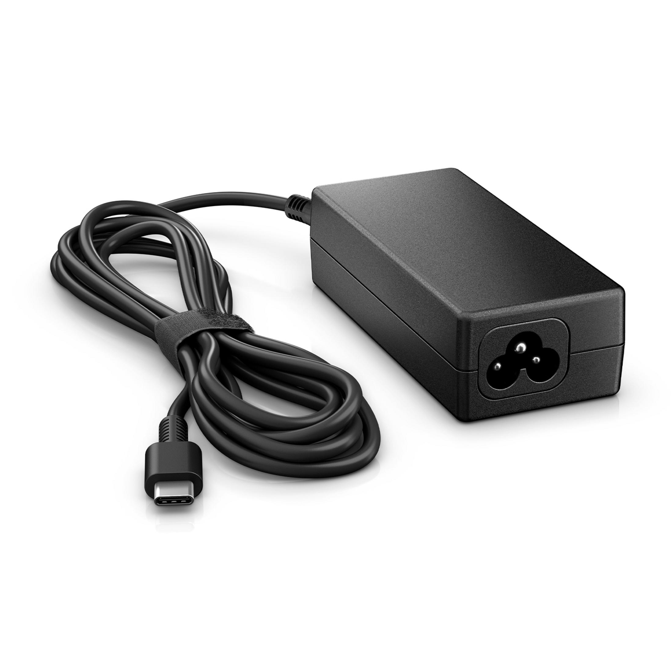 Un alimentatore nero con cavo avvolto e connettore USB-C.