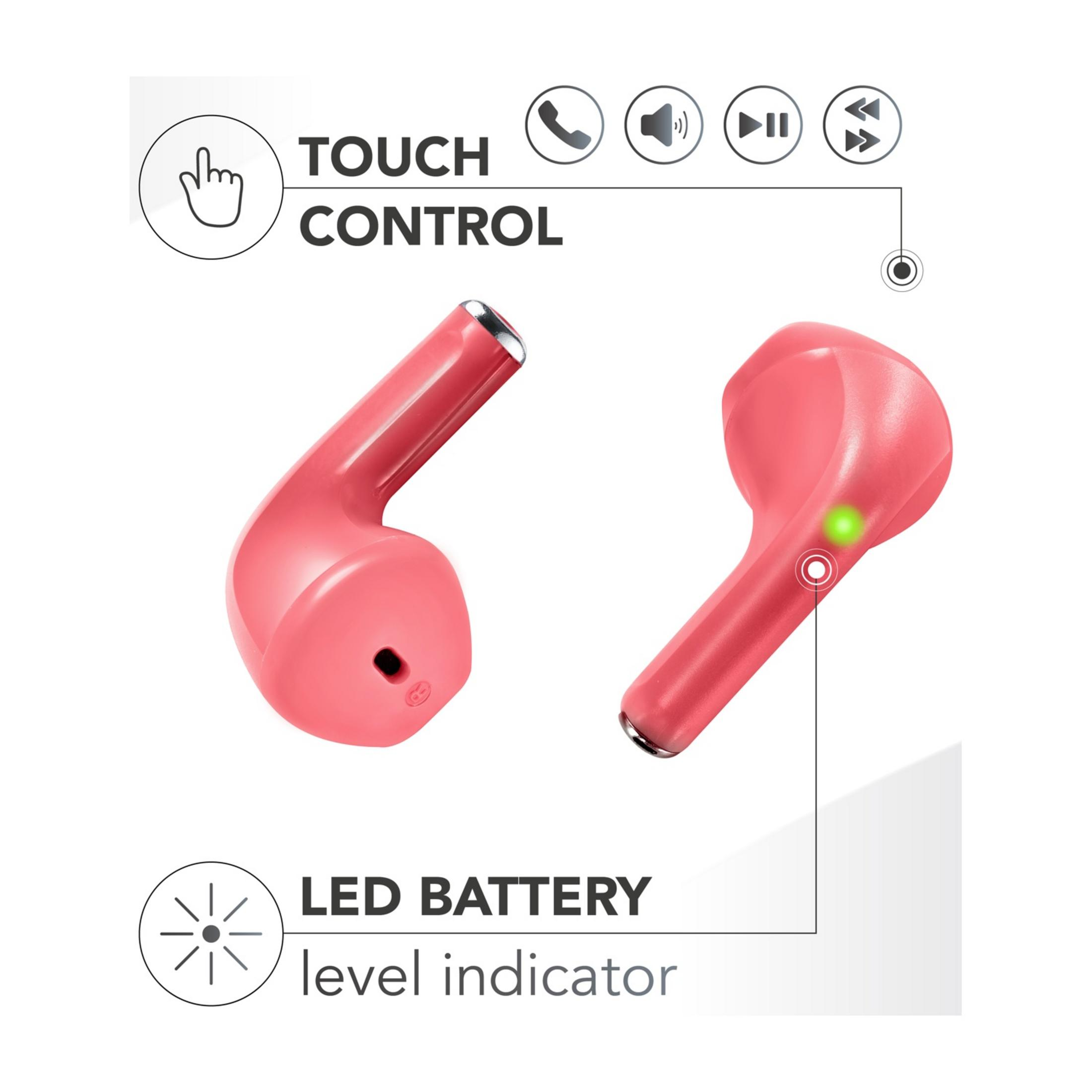 Dos auriculares rosa coral con control táctil e indicador LED de batería.