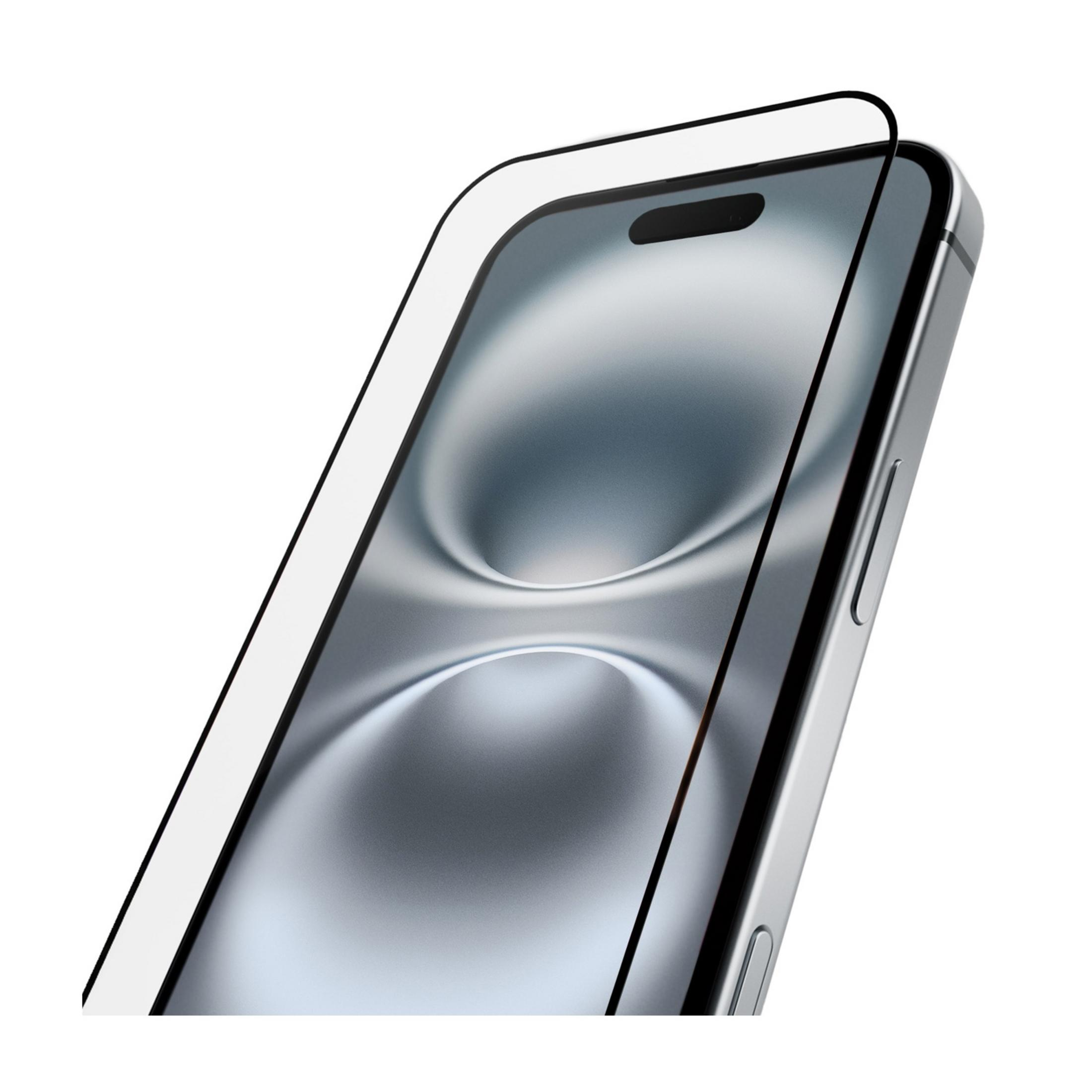 Un smartphone plateado con protector de pantalla, vista cercana.