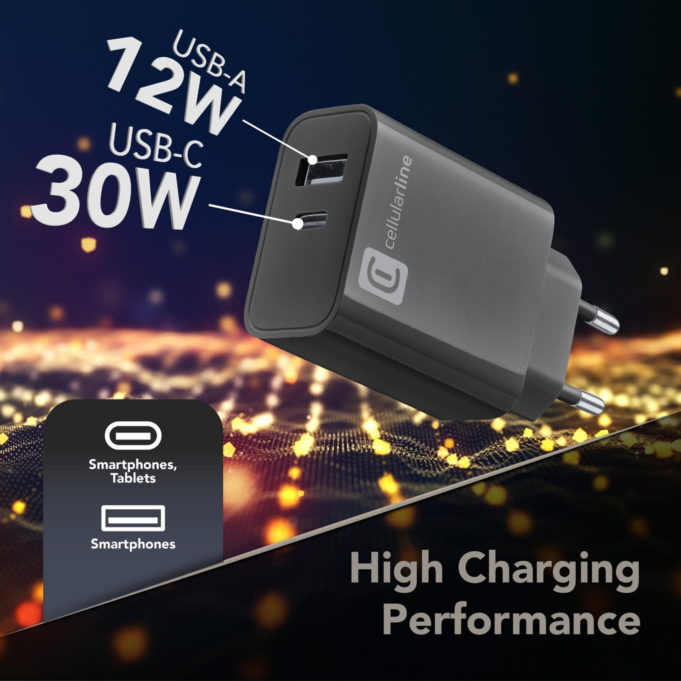 Un caricabatterie nero Cellularline con porte USB-A (12W) e USB-C (30W).