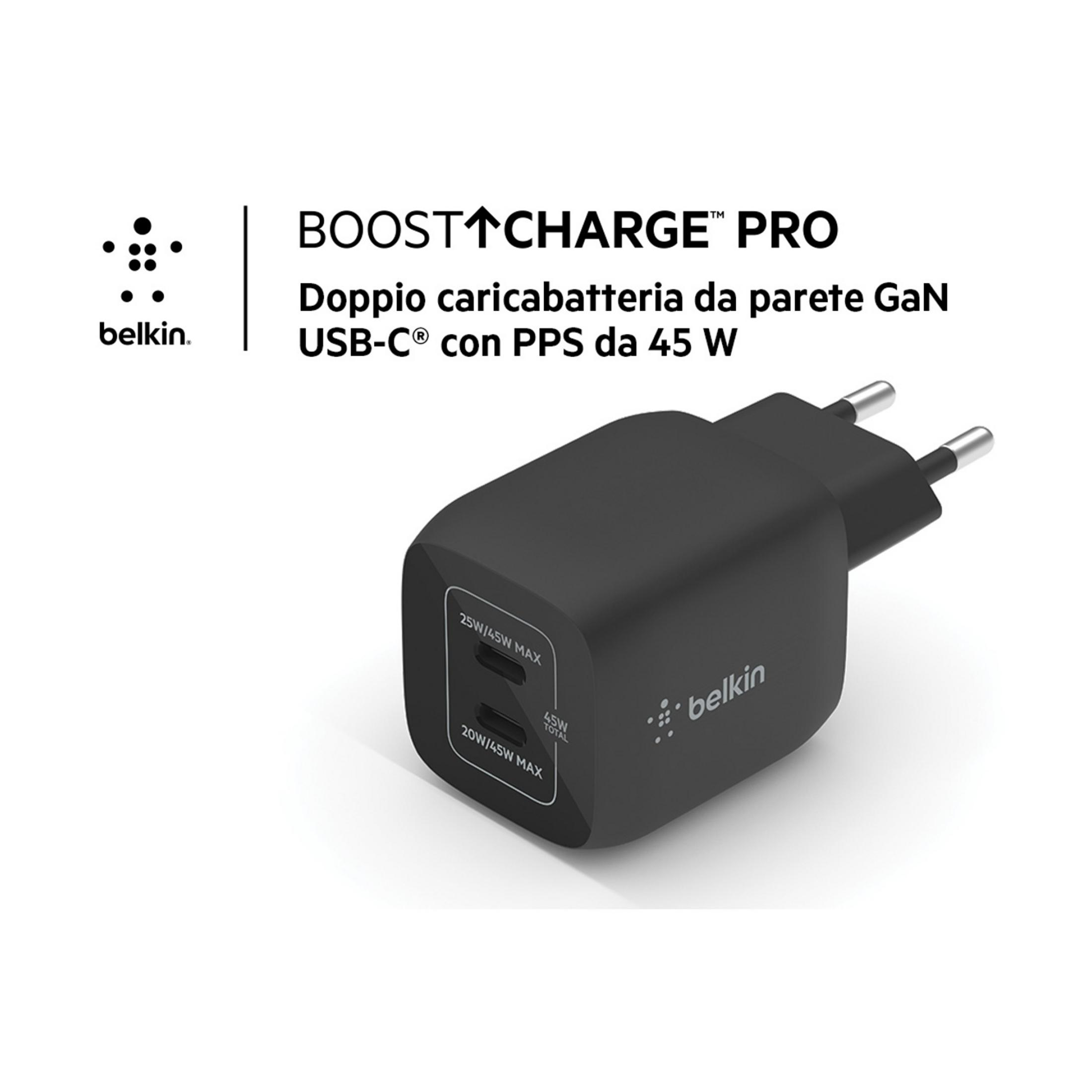 Black Belkin wall charger with two USB-C ports and EU plug.