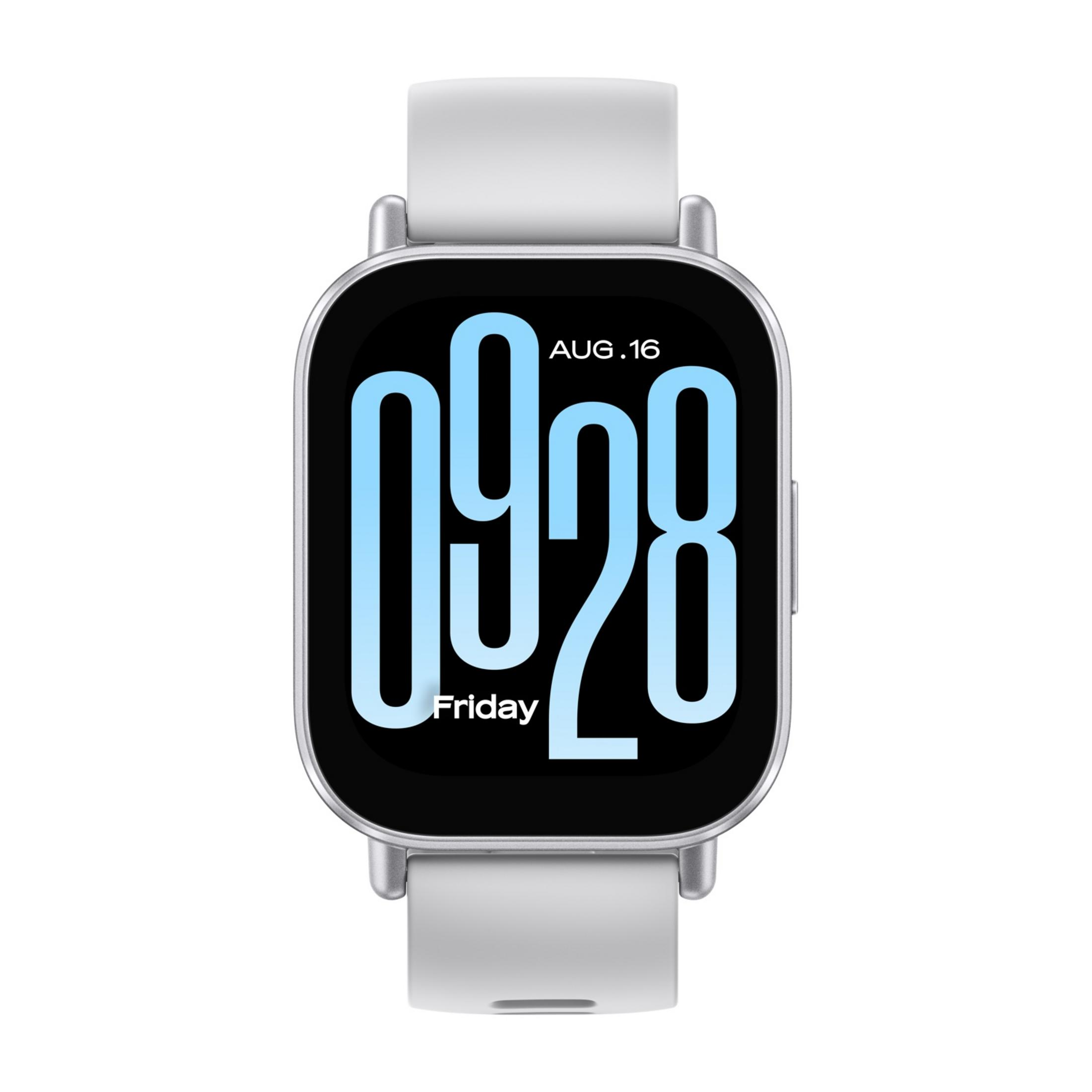 Biały smartwatch z dużym wyświetlaczem pokazującym 09:28 16 sierpnia.