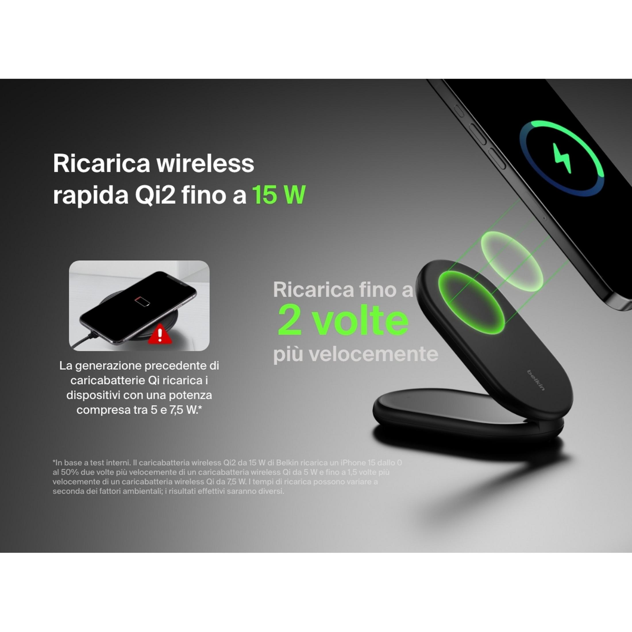 Caricabatterie wireless nero con telefono. Indicatore di carica sullo schermo.