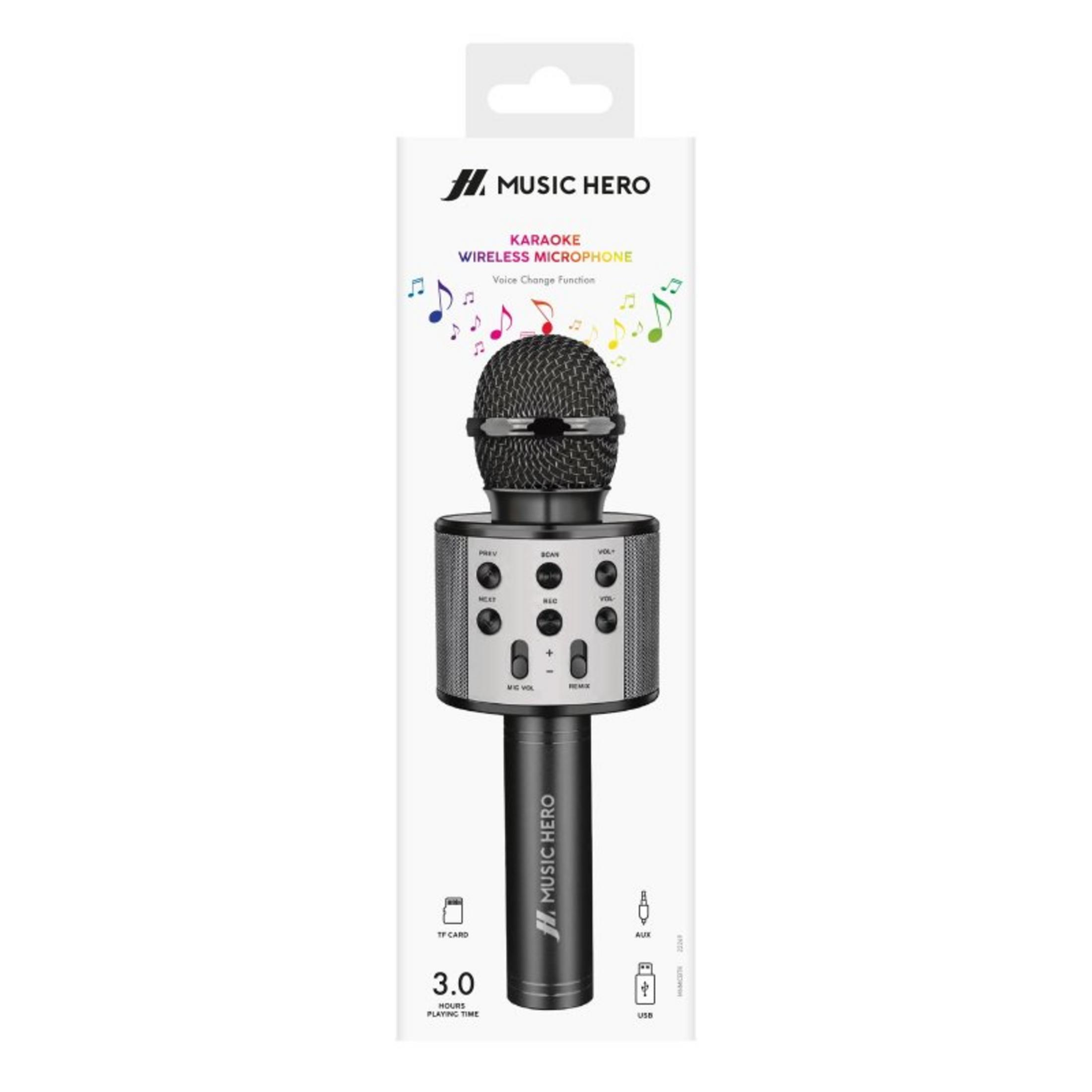 Un microfono karaoke wireless MUSIC HERO con controlli e porte. 3.0 ore di riproduzione.