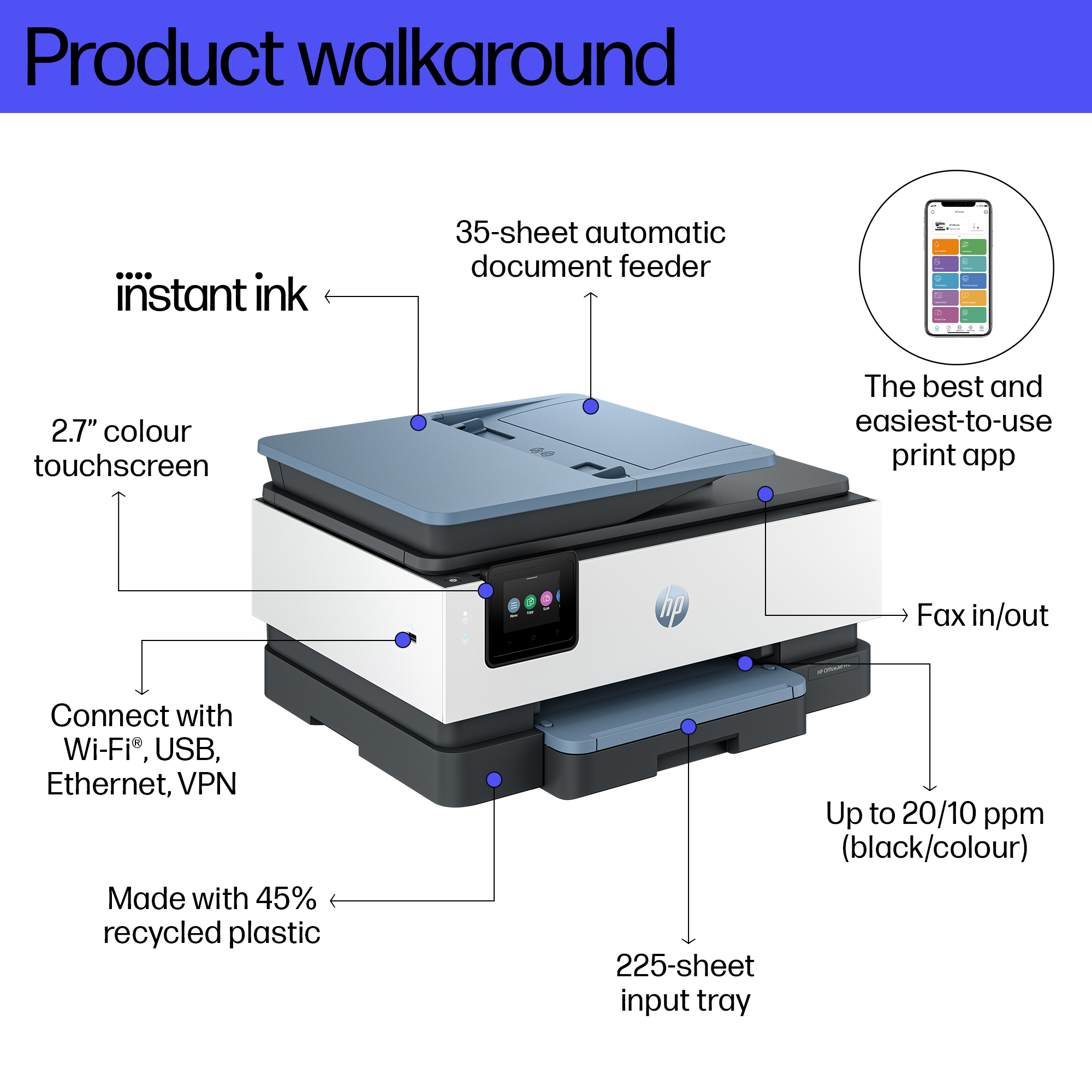 Drukarka wielofunkcyjna z ekranem dotykowym, podajnikiem dokumentów i aplikacją.