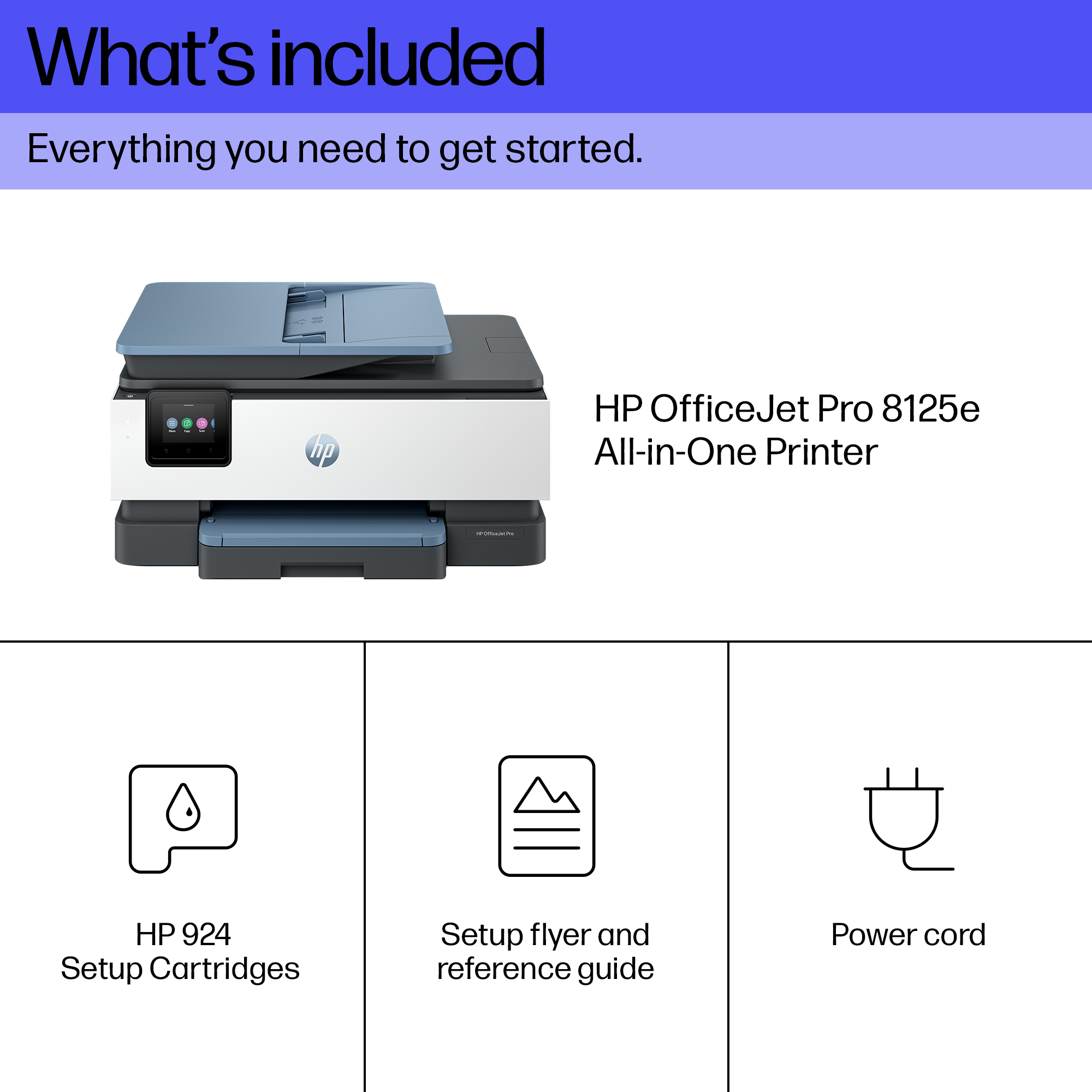 Drukarka HP OfficeJet Pro 8125e z wkładami, przewodnikiem i kablem zasilającym.