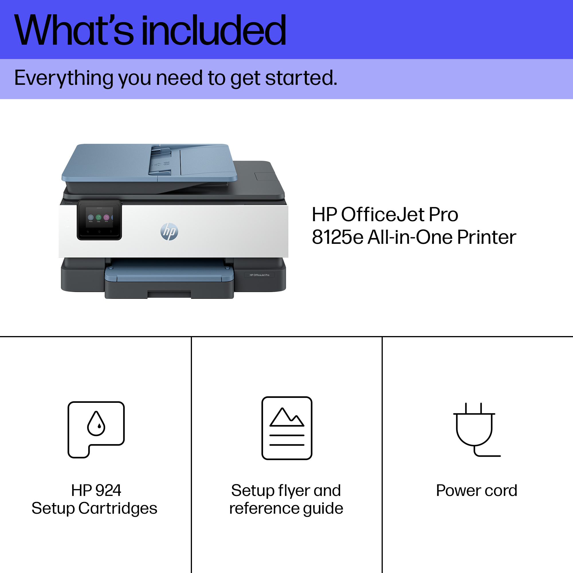 Drukarka HP OfficeJet Pro 8125e, wkłady HP 924, instrukcja, kabel zasilający.