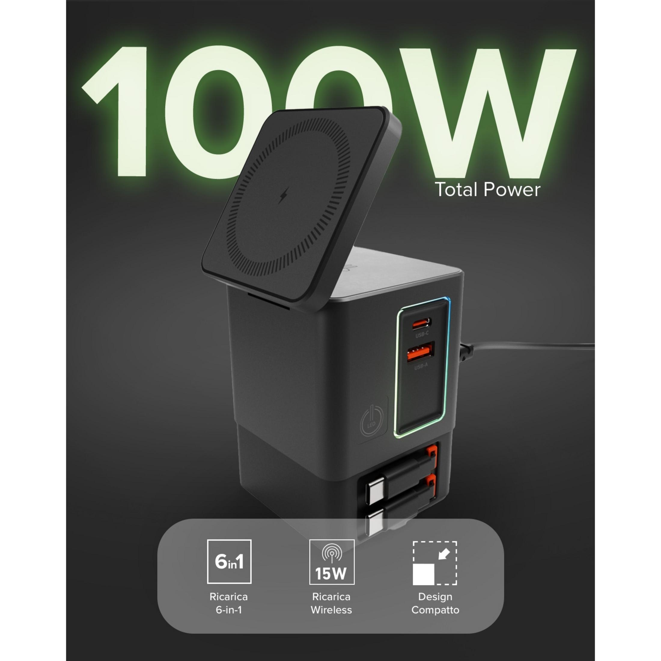 Un caricatore nero da 100W di potenza totale con USB-C, USB-A e ricarica wireless.