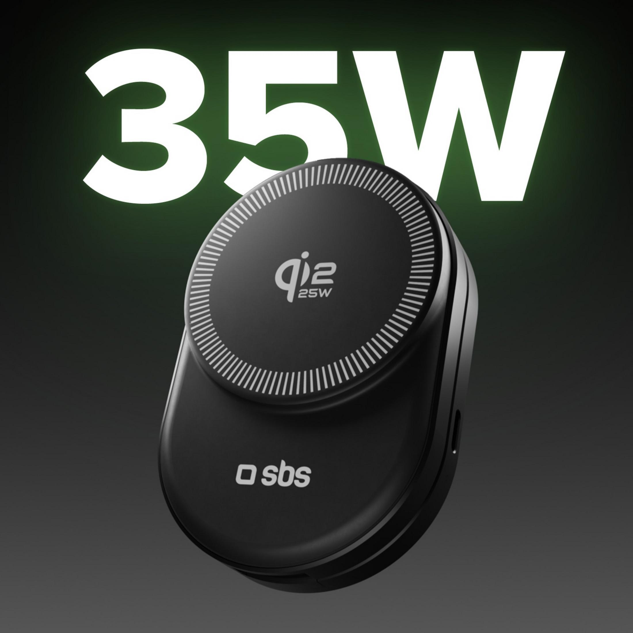 Cargador inalámbrico Qi negro de 35W con logo SBS sobre fondo oscuro.