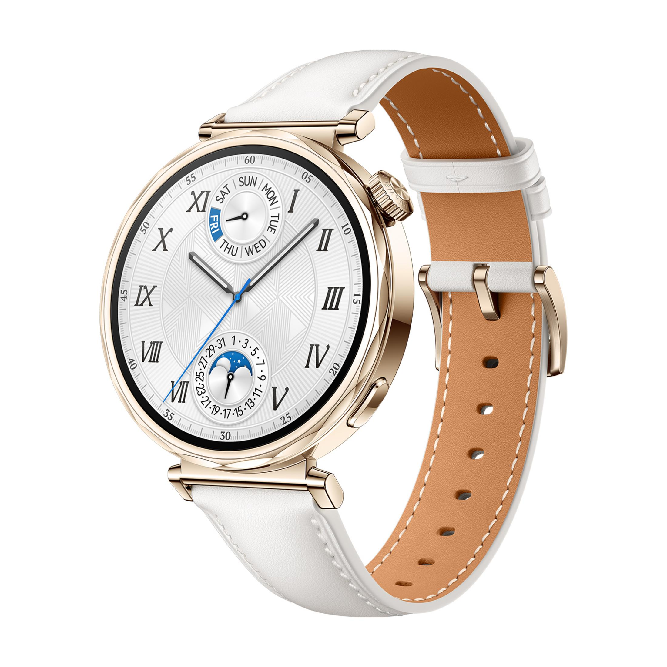 Złoty smartwatch z białym skórzanym paskiem i białą tarczą z cyframi rzymskimi.