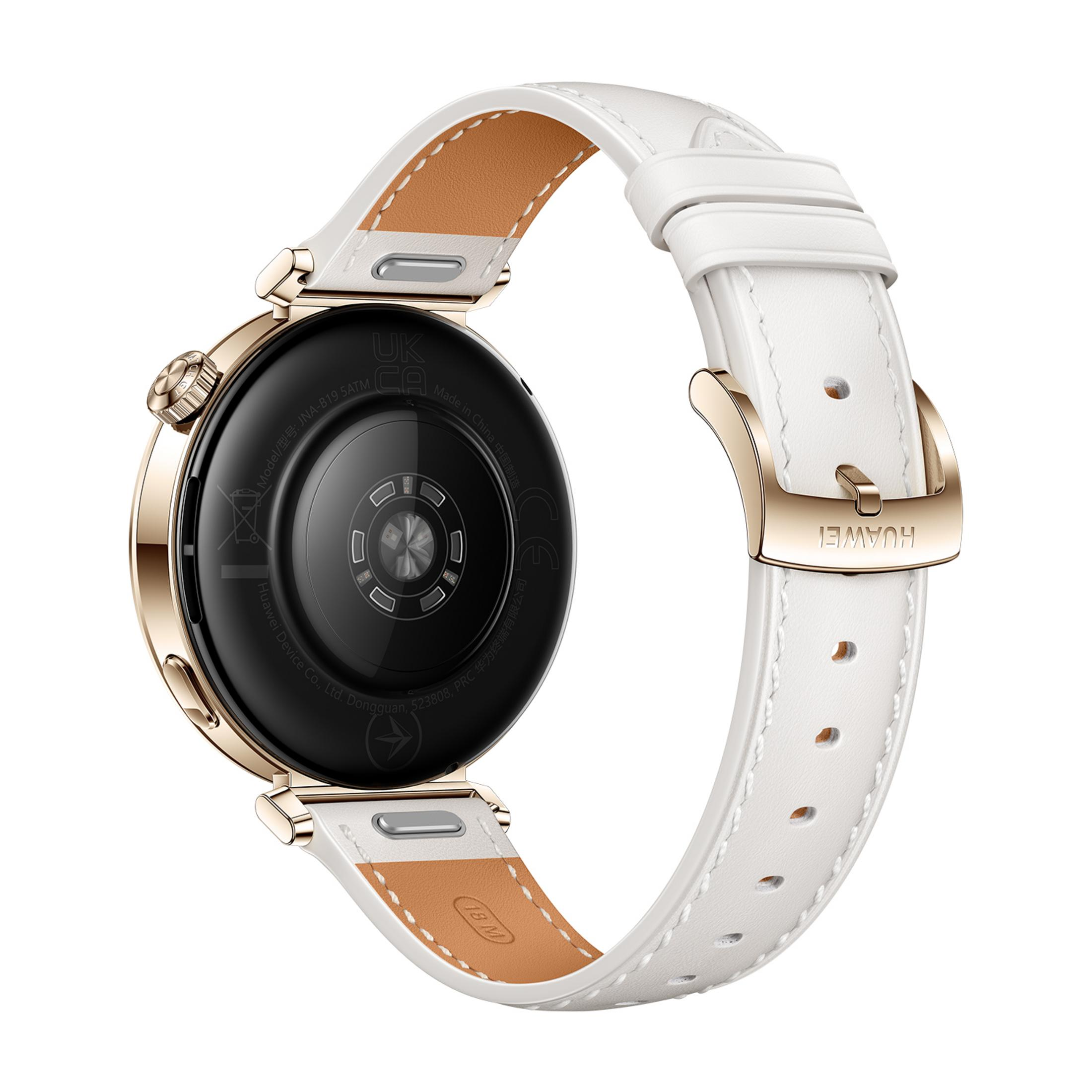 Złoty smartwatch z białym skórzanym paskiem, tył z czujnikami.
