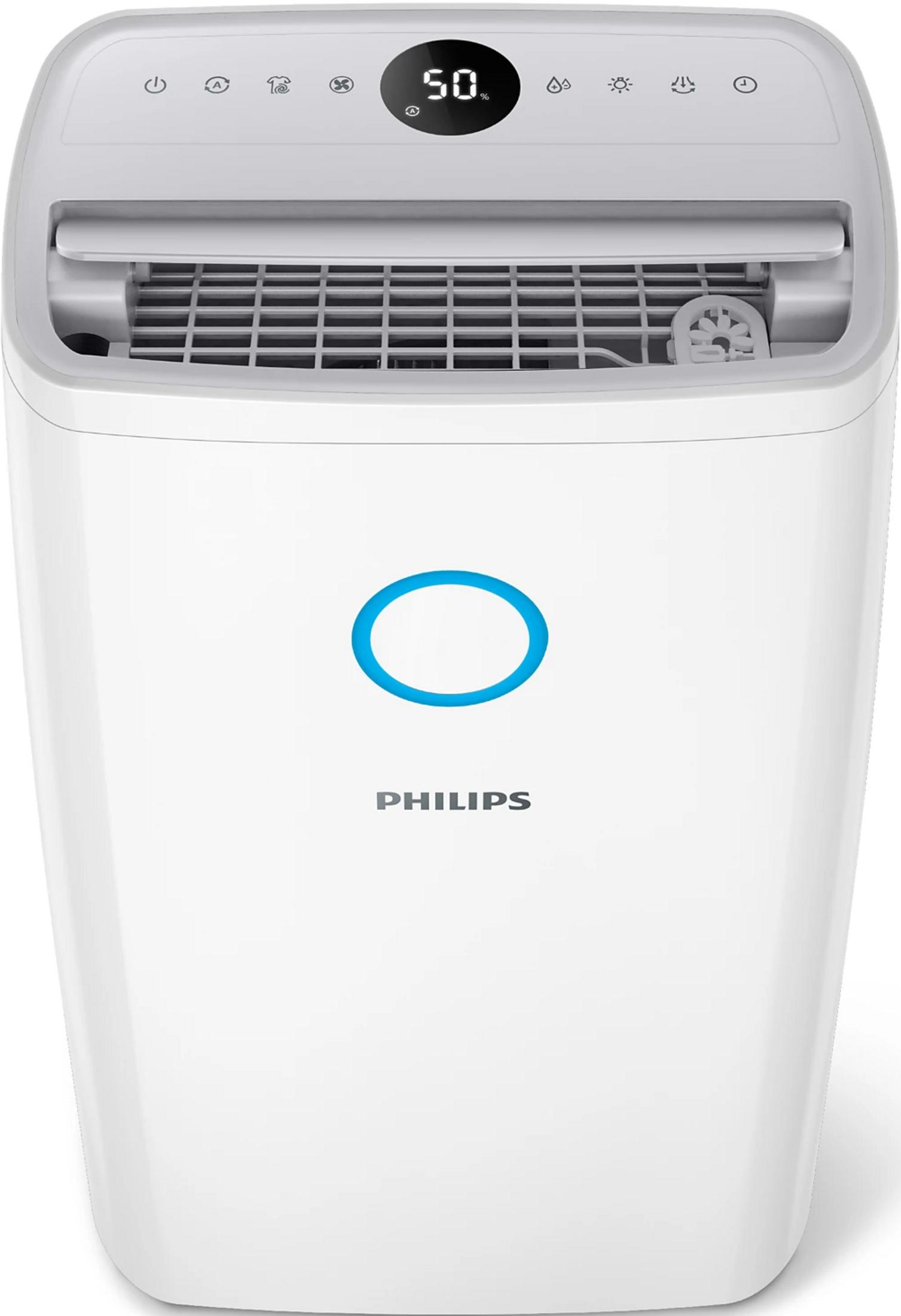 Ein weier Philips Luftentfeuchter mit digitaler Anzeige und blauer Akzentbeleuchtung.
