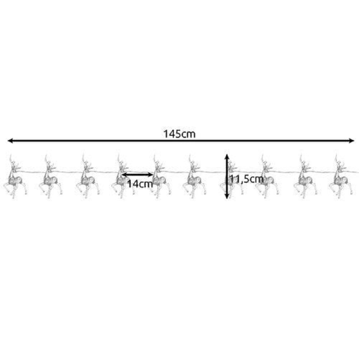 Una cadena de 9 luces de renos, 145cm de largo, 14cm de espaciado, 11,5cm alto.