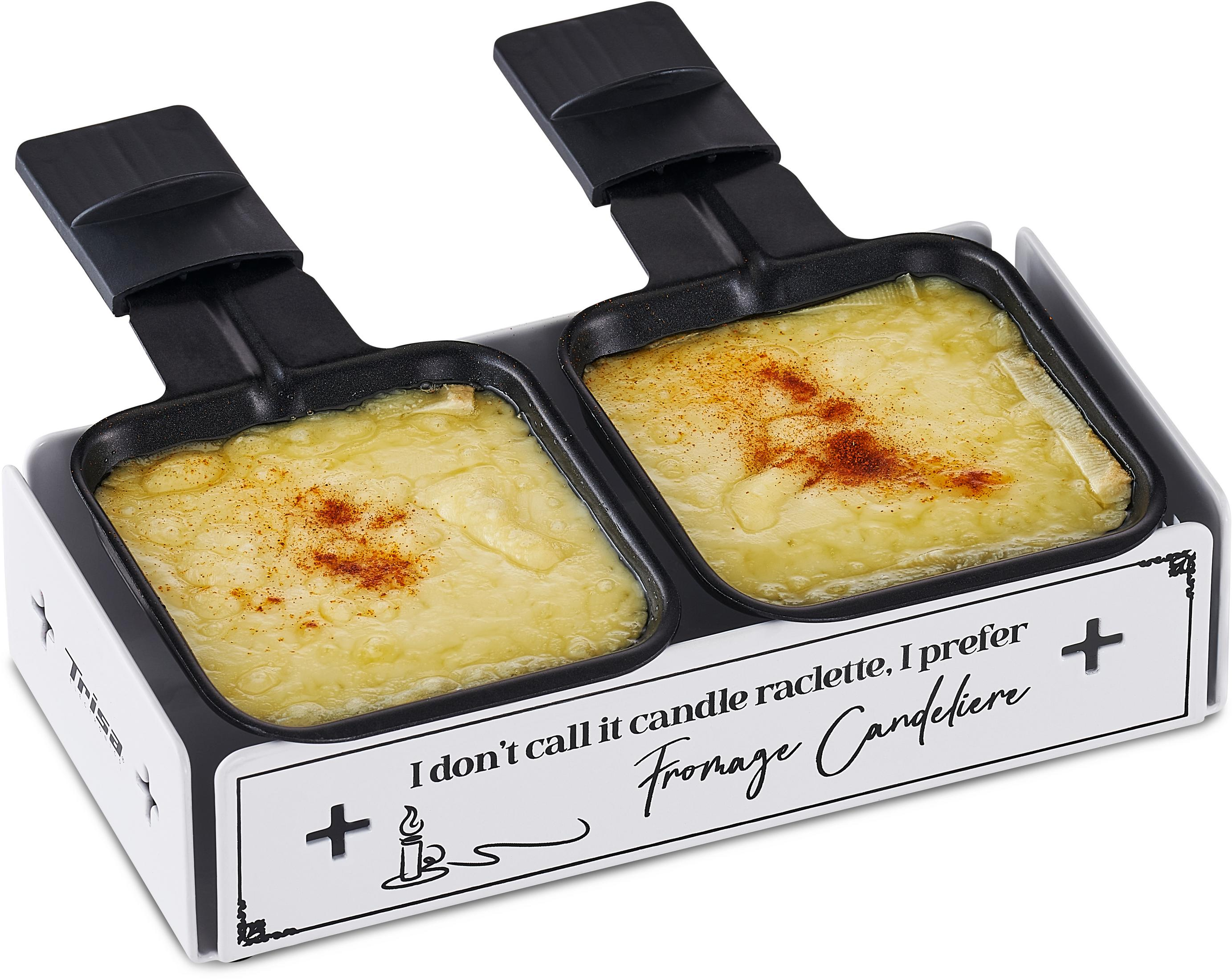 Ein Raclette-Grill für zwei Personen mit geschmolzenem Käse und Gewürzen.