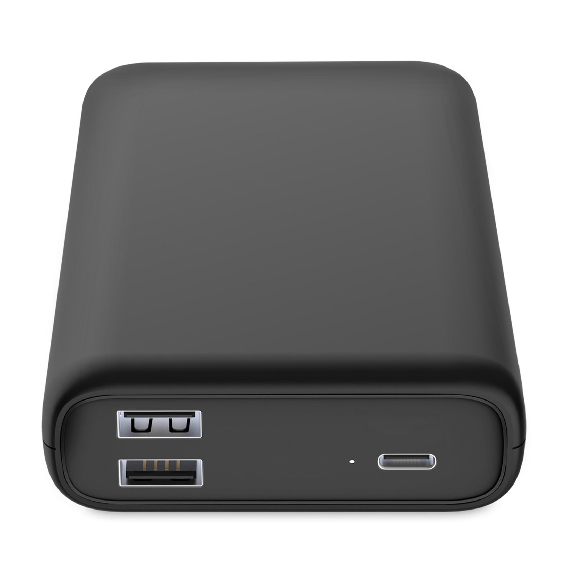 Schwarzes Powerbank-Gerät mit zwei USB-Anschlüssen und einem USB-C-Anschluss.