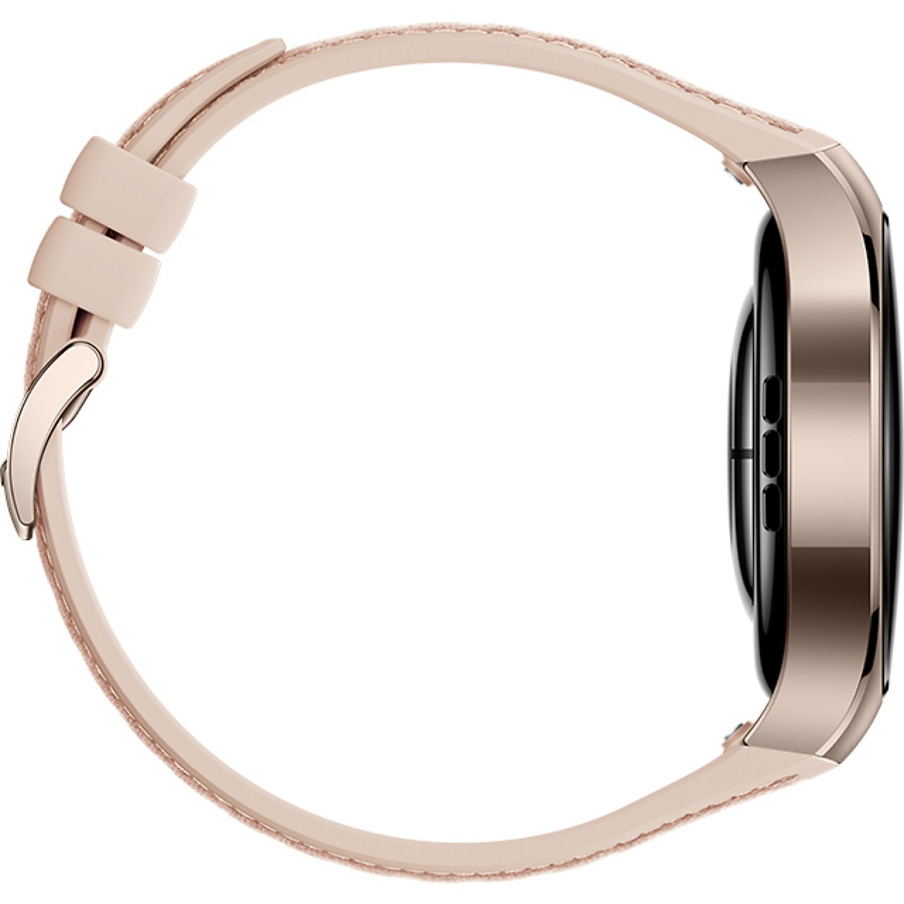 Een roségouden smartwatch met een lichtgekleurde band en gesp.