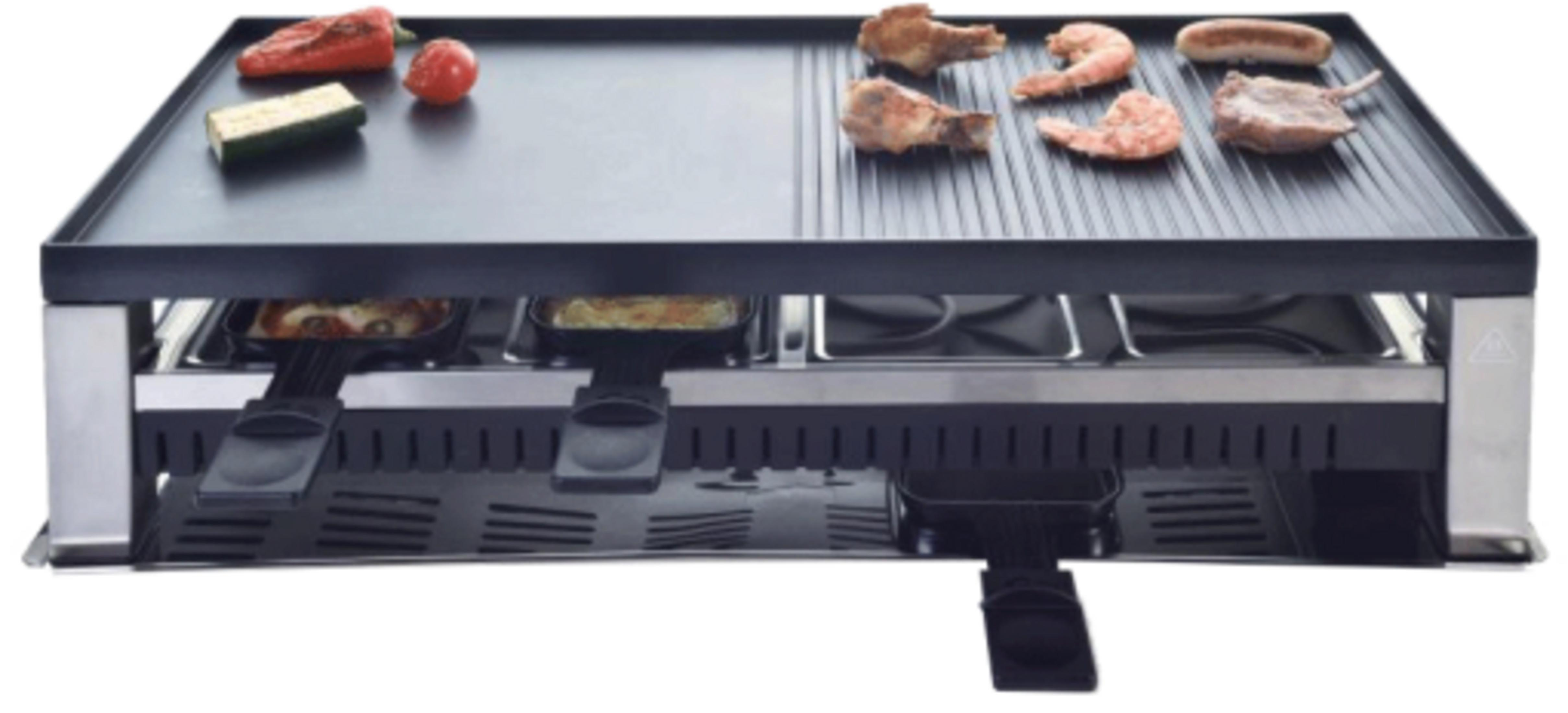 Ein Raclette-Grill mit Fleisch, Garnelen und Gemüse auf der oberen Grillfläche.