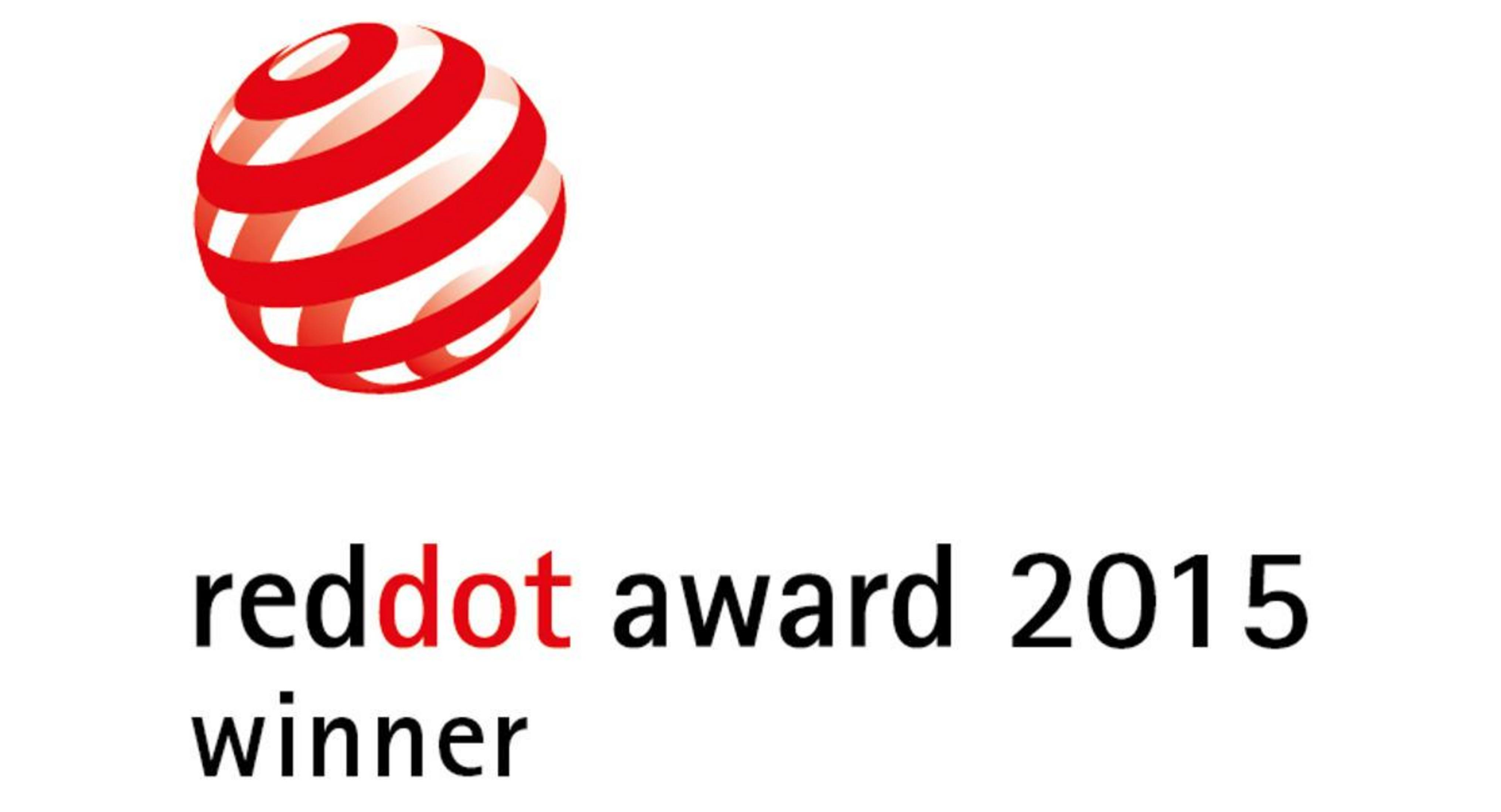 Red Dot Award 2015 Gewinner Logo mit roter Spiral Kugel auf weißem Grund.