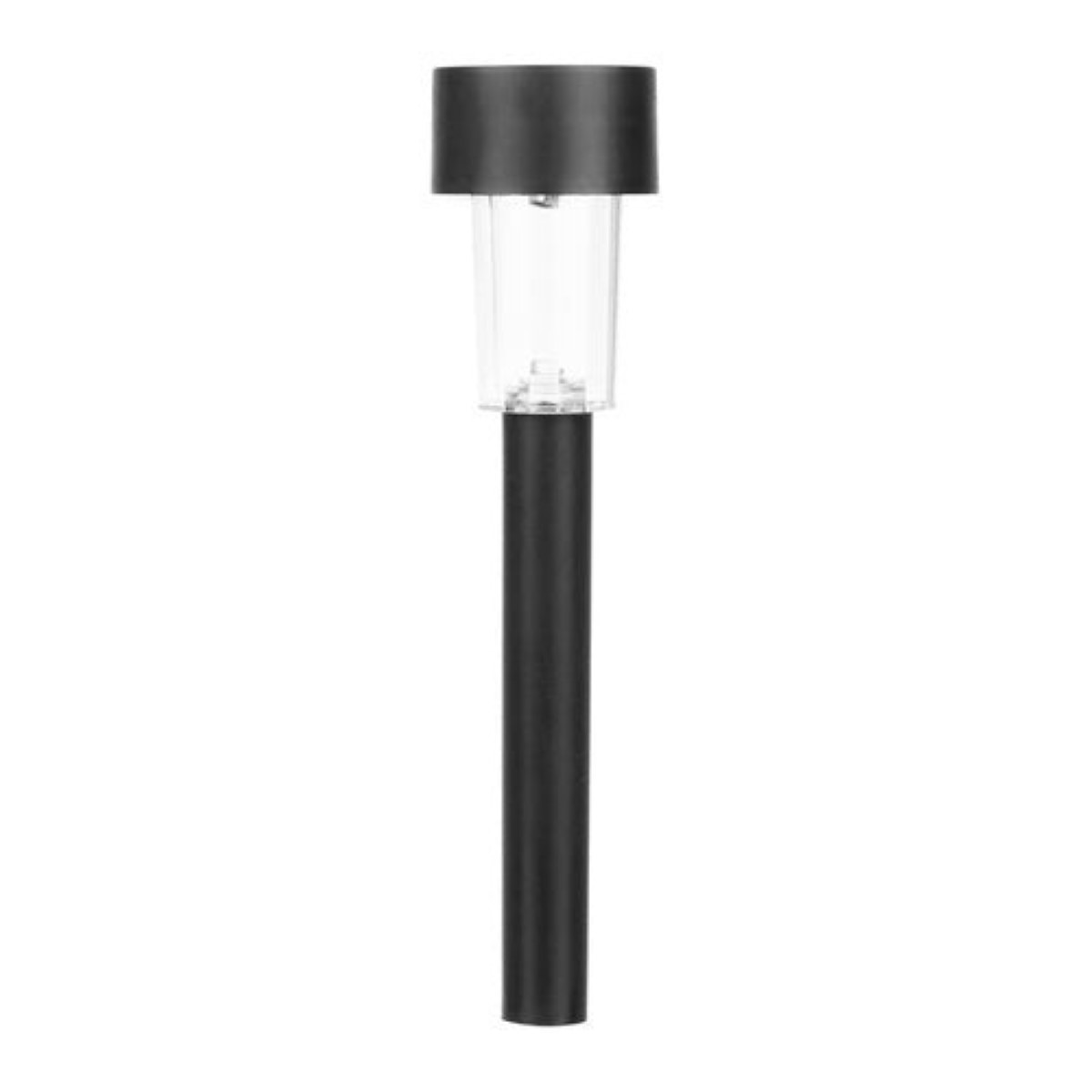 Una luz solar negra para jardín con carcasa de vidrio transparente y poste negro.