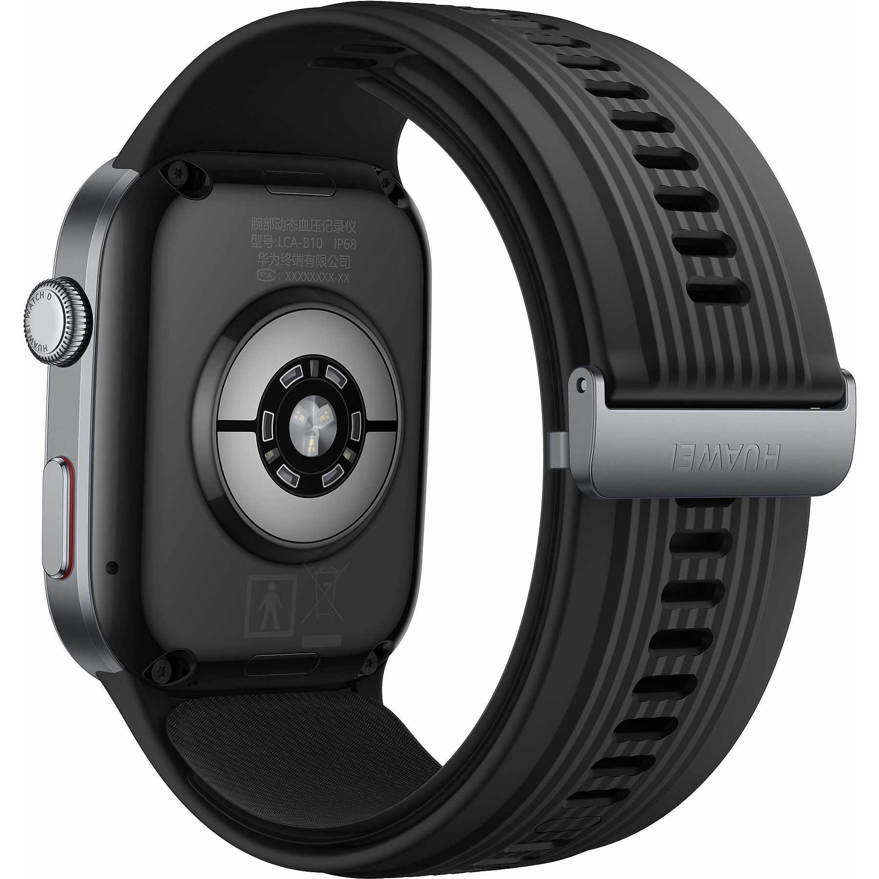 Tył czarnego smartwatcha z metalowymi przyciskami, czujnikami i paskiem.