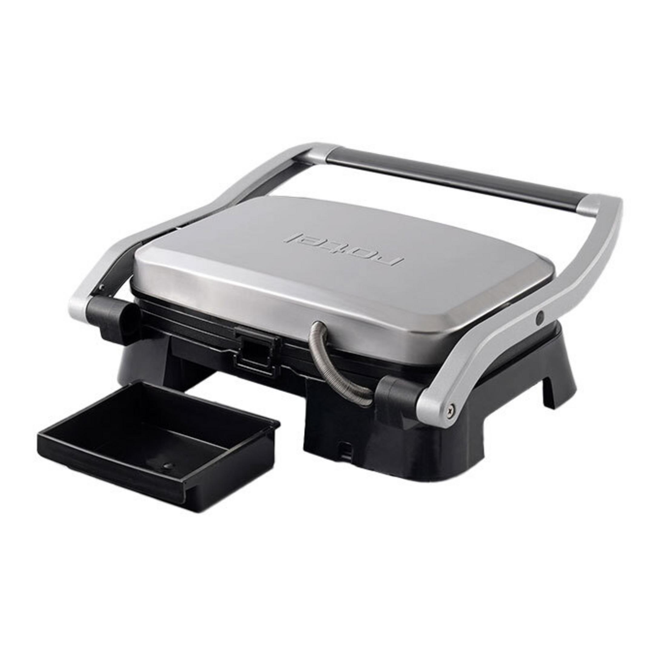 Un grill de contact ouvert argenté et noir avec un bac.